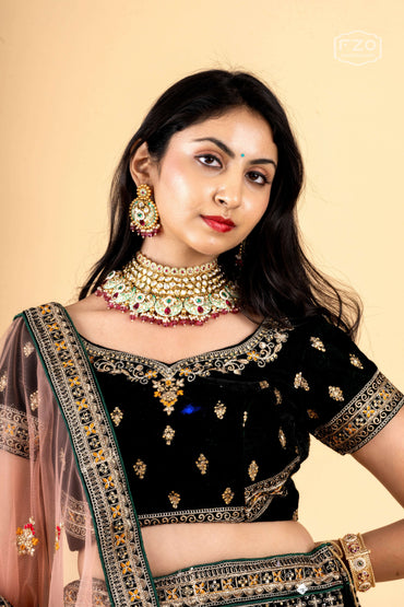 Dark Green Velvet Embroidered Lehenga with Blush Net Dupatta
