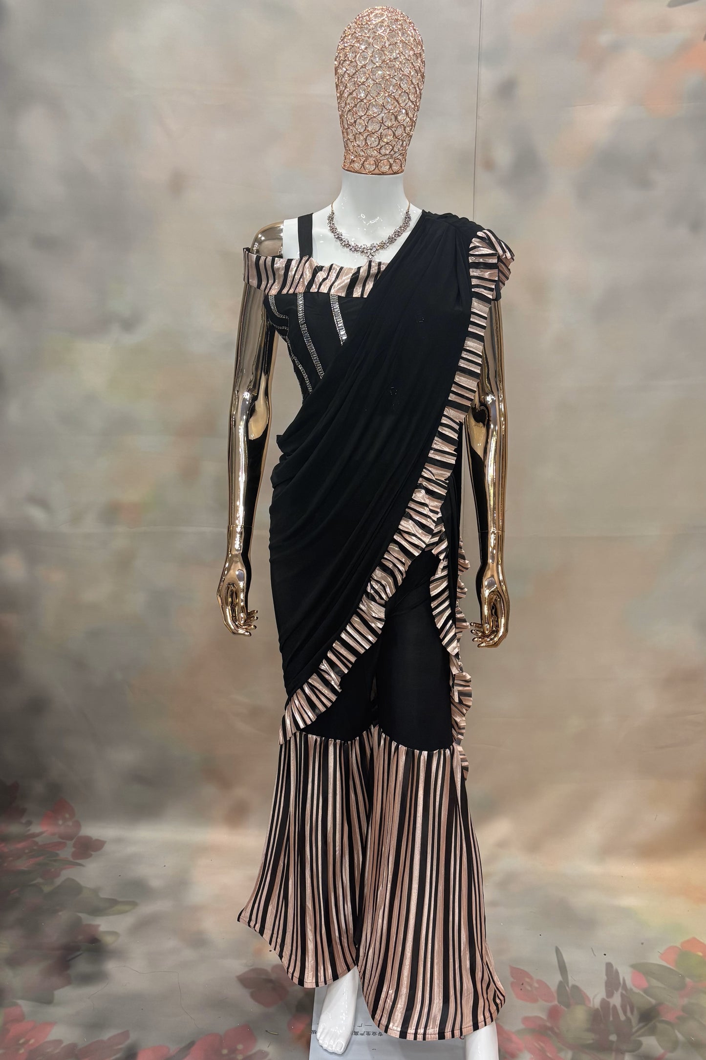 Midnight Glam – Black Ruffled Saree with Metallic Striped Palazzo