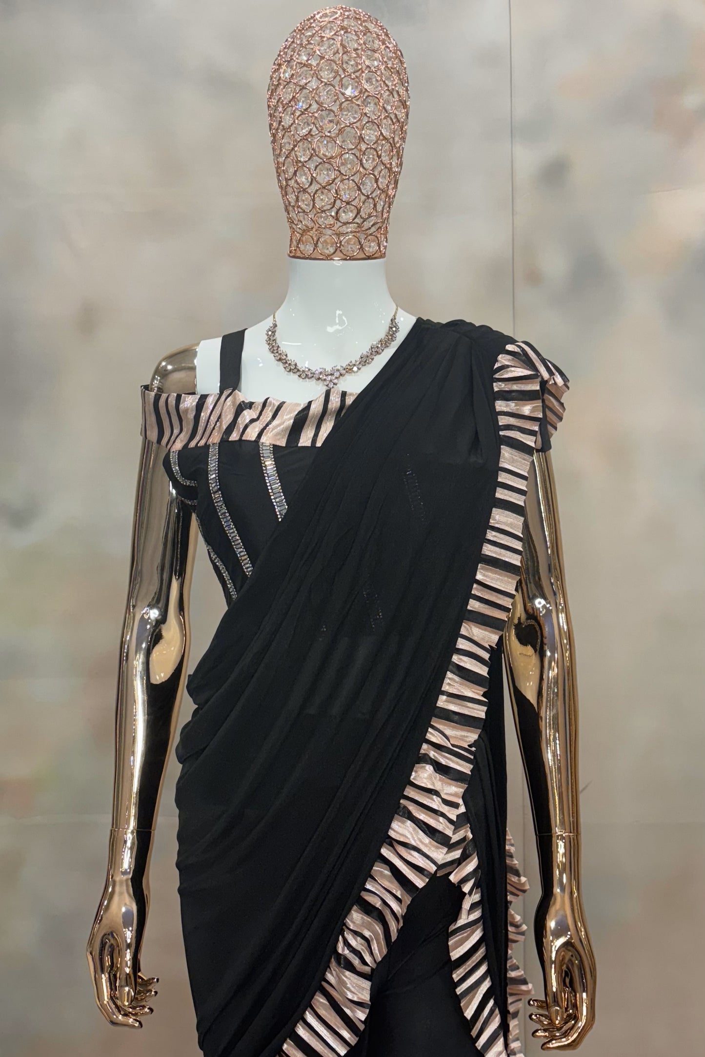Midnight Glam – Black Ruffled Saree with Metallic Striped Palazzo