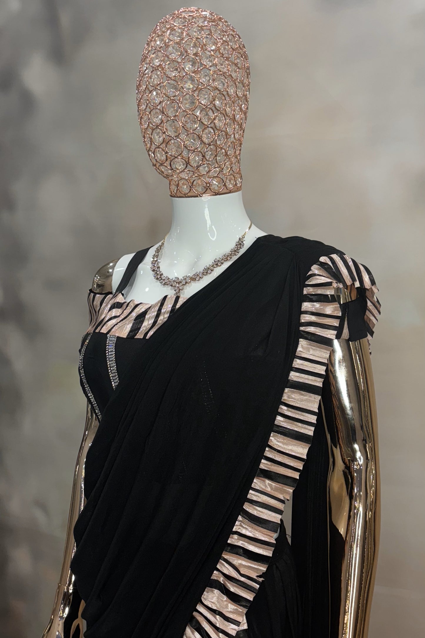 Midnight Glam – Black Ruffled Saree with Metallic Striped Palazzo