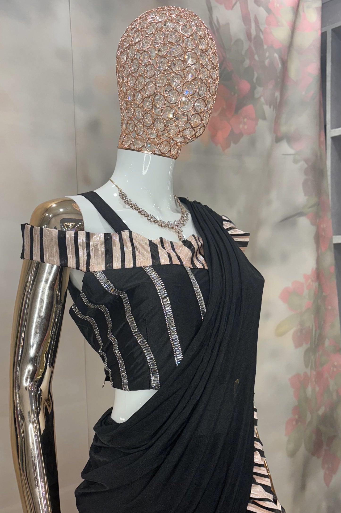 Midnight Glam – Black Ruffled Saree with Metallic Striped Palazzo