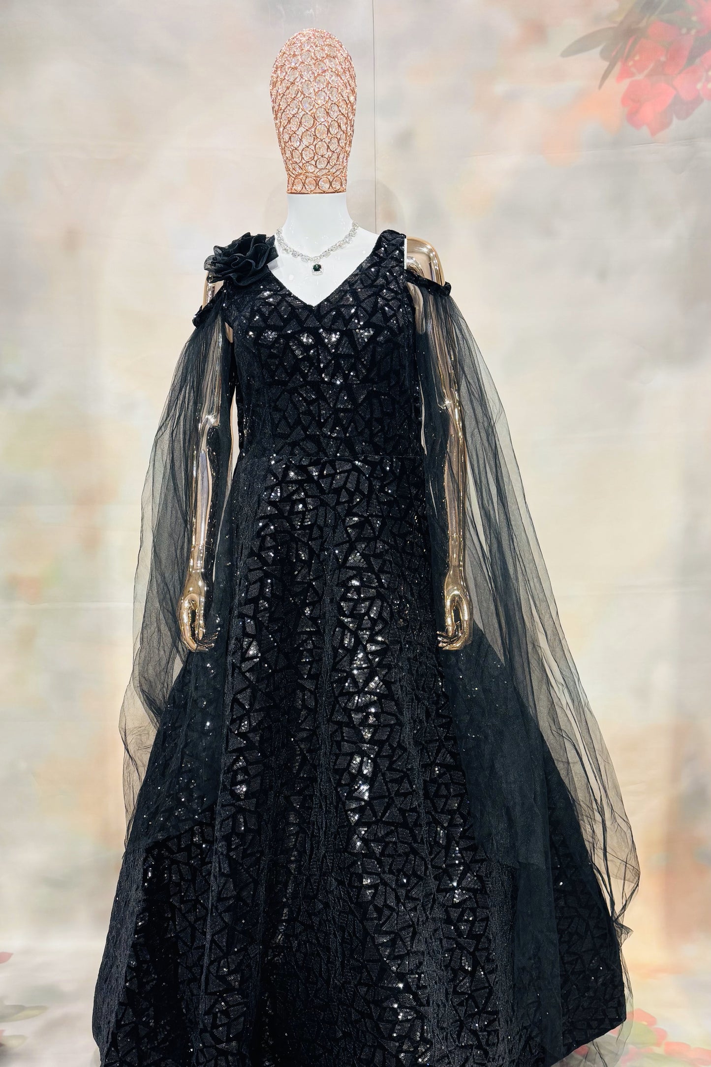 Black Sequin Evening Gown with Dramatic Net Sleeves