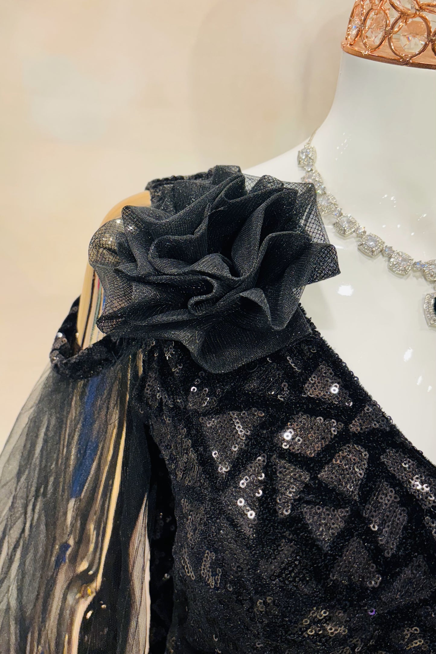 Black Sequin Evening Gown with Dramatic Net Sleeves