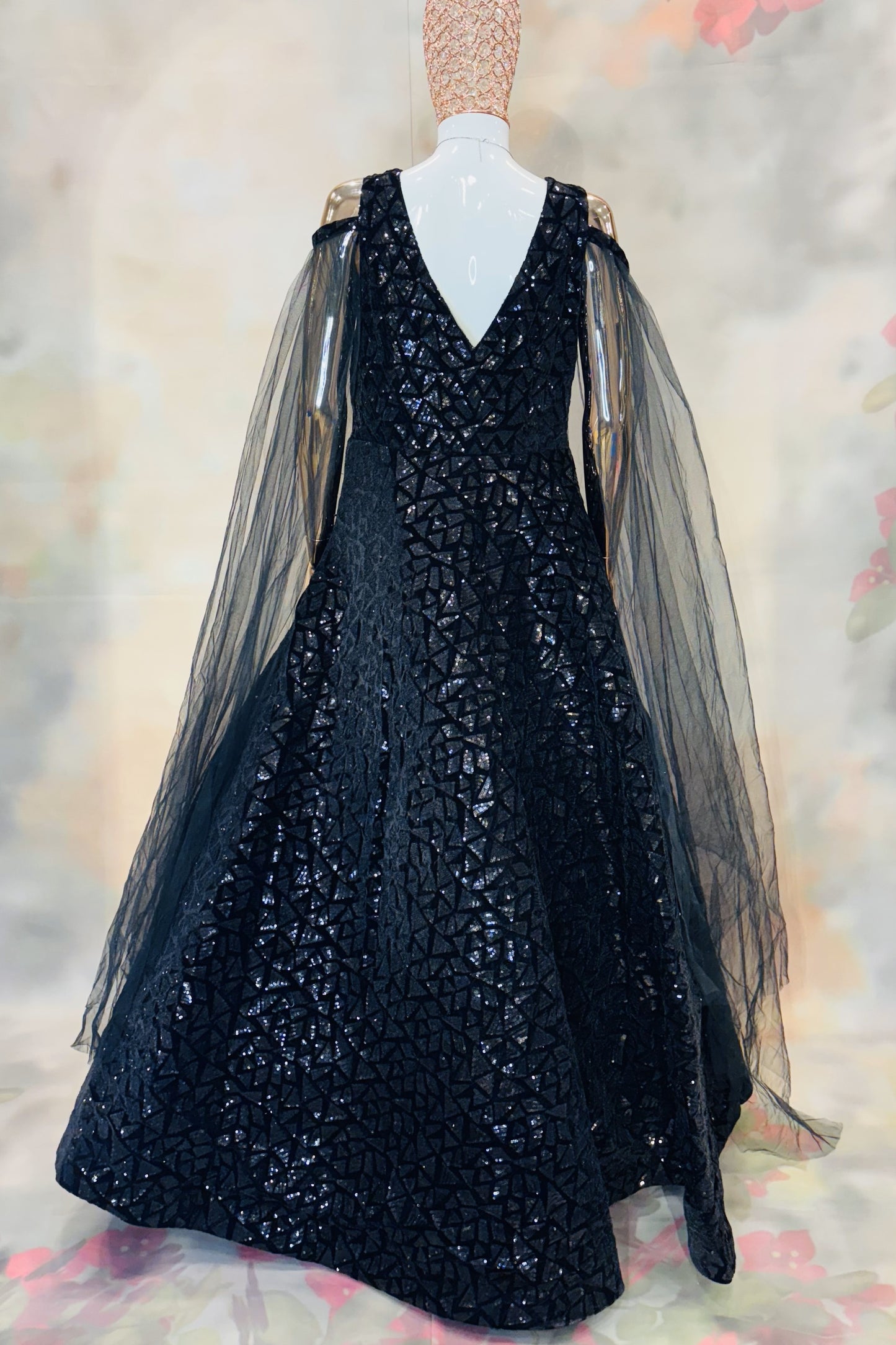 Black Sequin Evening Gown with Dramatic Net Sleeves
