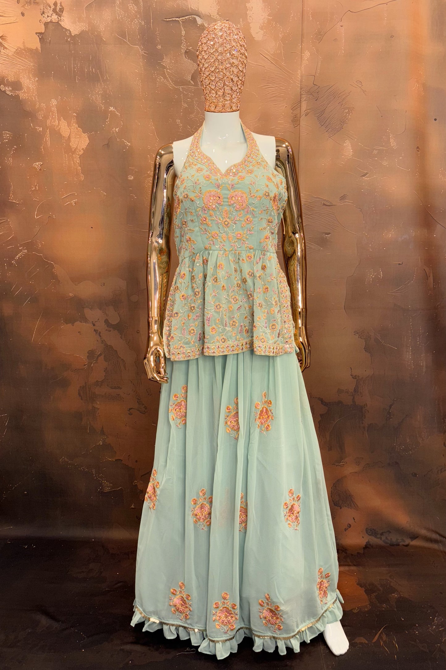 Mint Bloom – Halter Embroidered Peplum Lehenga Set