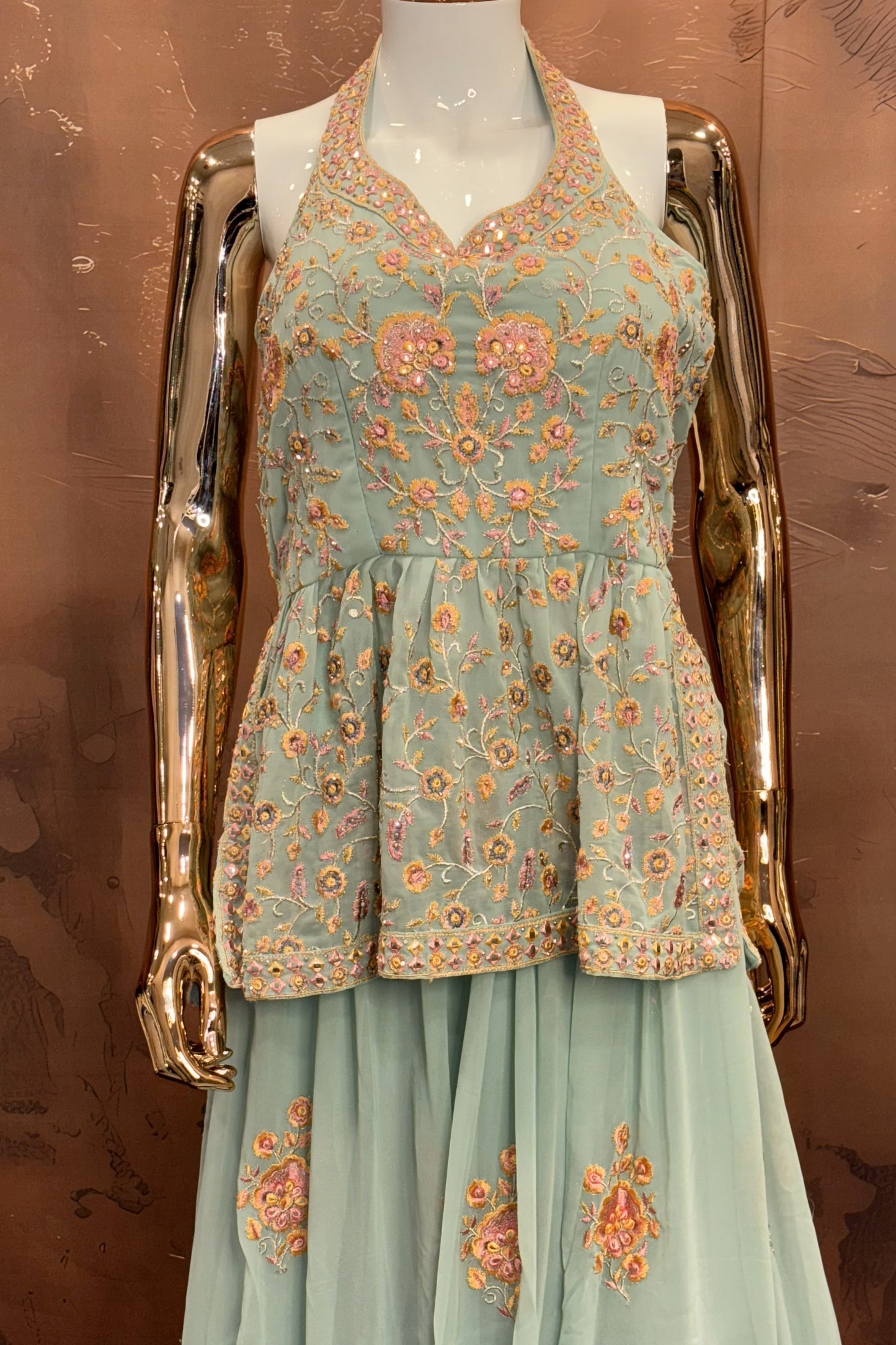 Mint Bloom – Halter Embroidered Peplum Lehenga Set