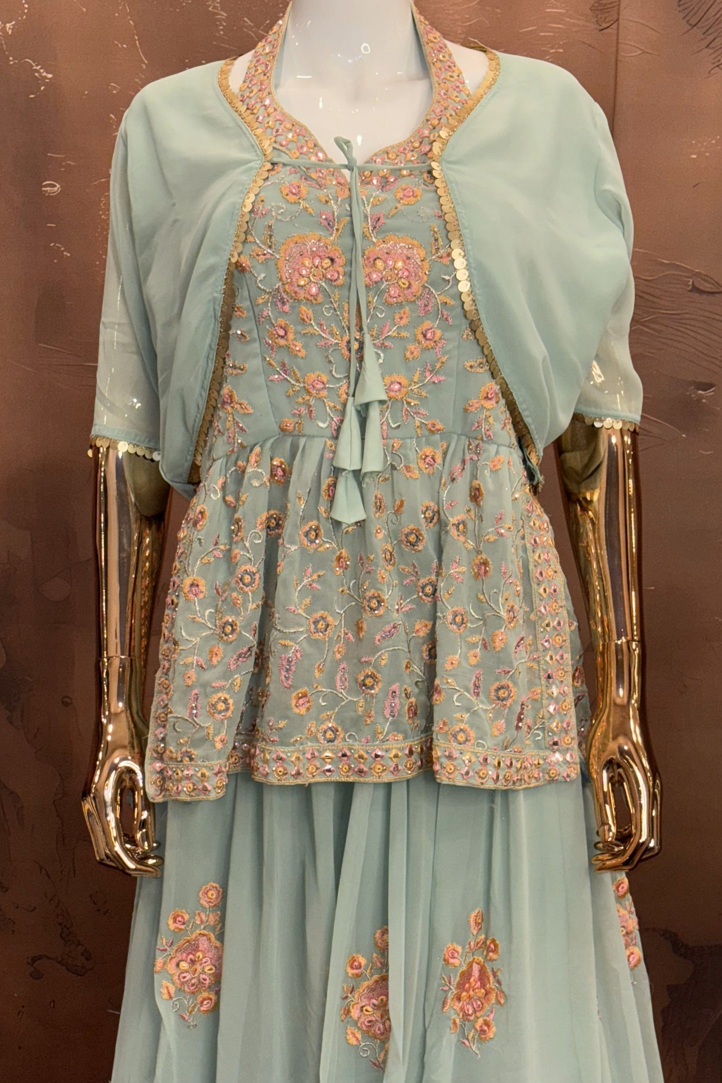 Mint Bloom – Halter Embroidered Peplum Lehenga Set