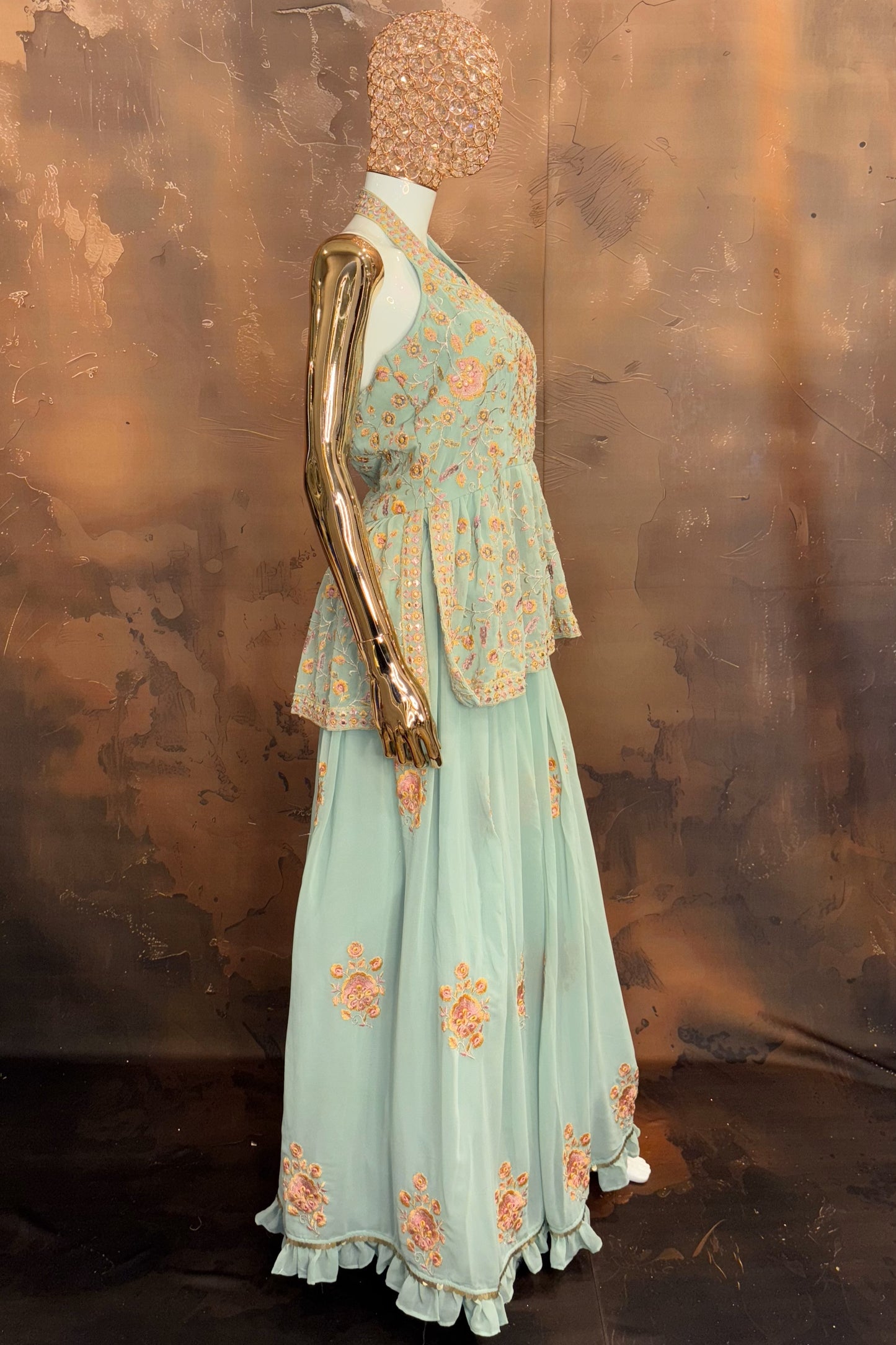 Mint Bloom – Halter Embroidered Peplum Lehenga Set