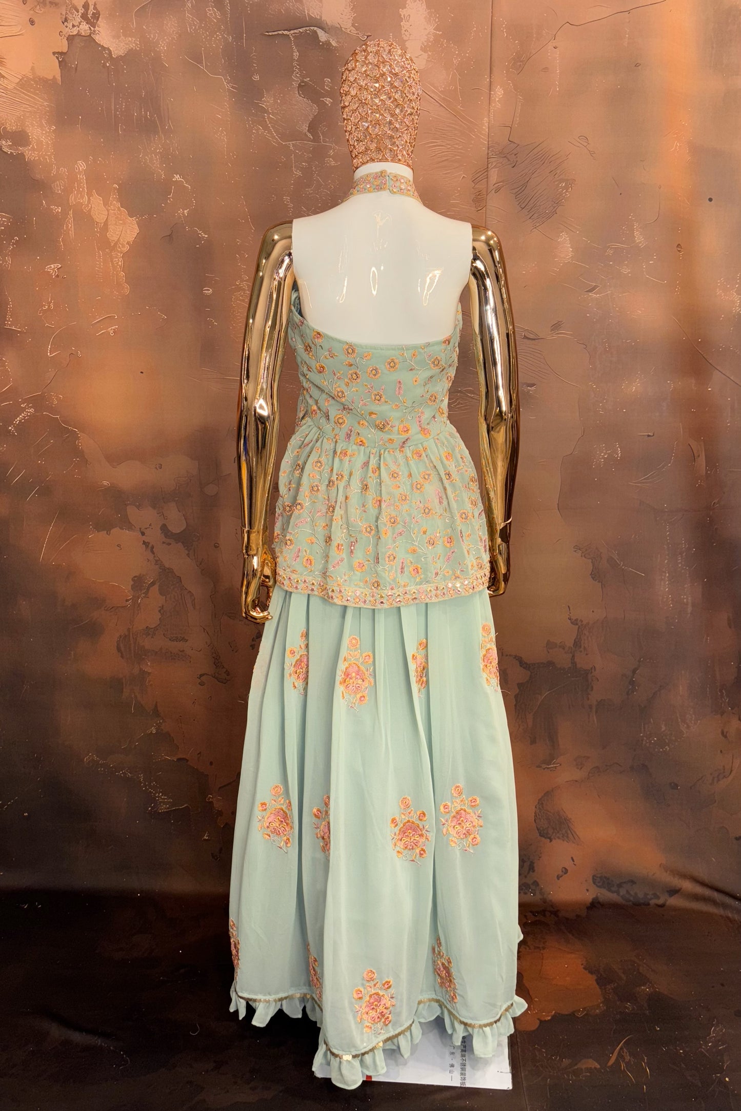 Mint Bloom – Halter Embroidered Peplum Lehenga Set