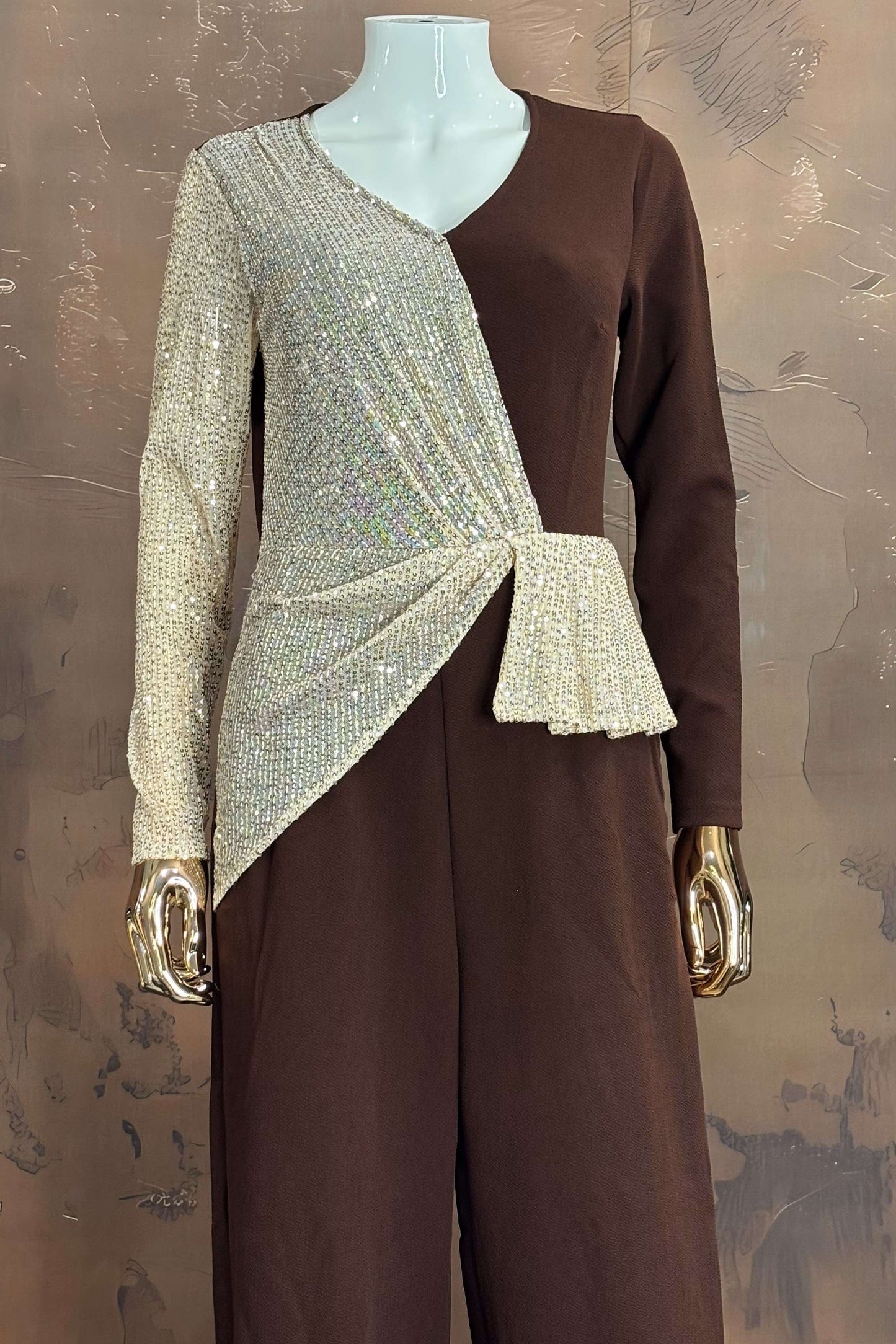 Mocha Gleam – Brown Jumpsuit with Asymmetric Silver Embellishment