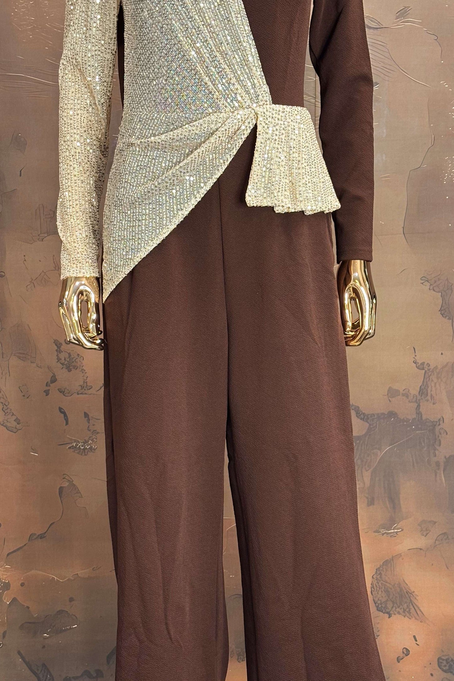Mocha Gleam – Brown Jumpsuit with Asymmetric Silver Embellishment