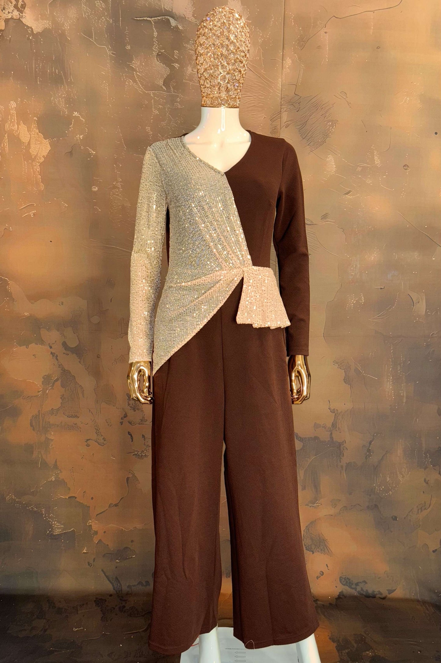 Mocha Gleam – Brown Jumpsuit with Asymmetric Silver Embellishment