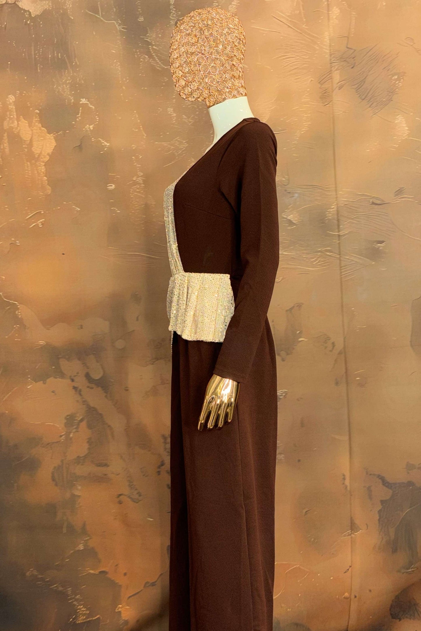 Mocha Gleam – Brown Jumpsuit with Asymmetric Silver Embellishment