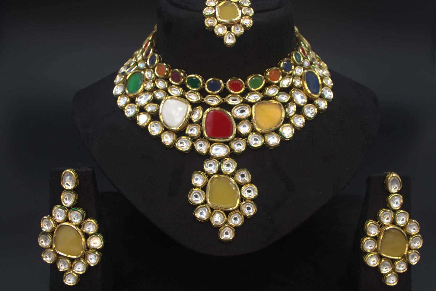 Multicolour Navratan Bridal Polki Necklace Set