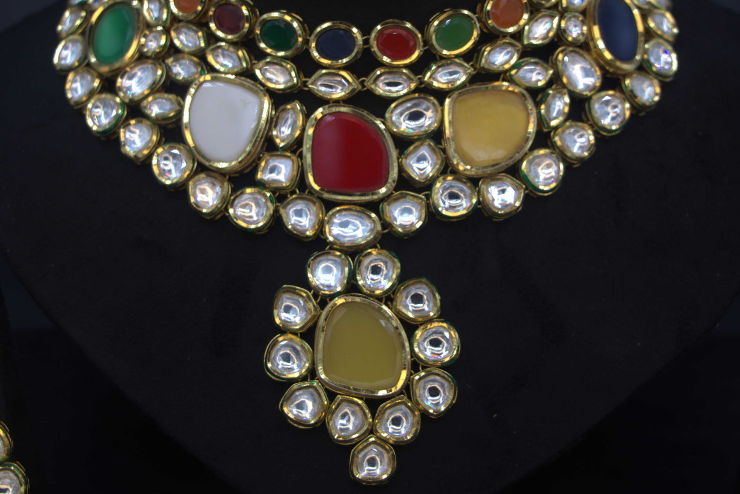 Multicolour Navratan Bridal Polki Necklace Set