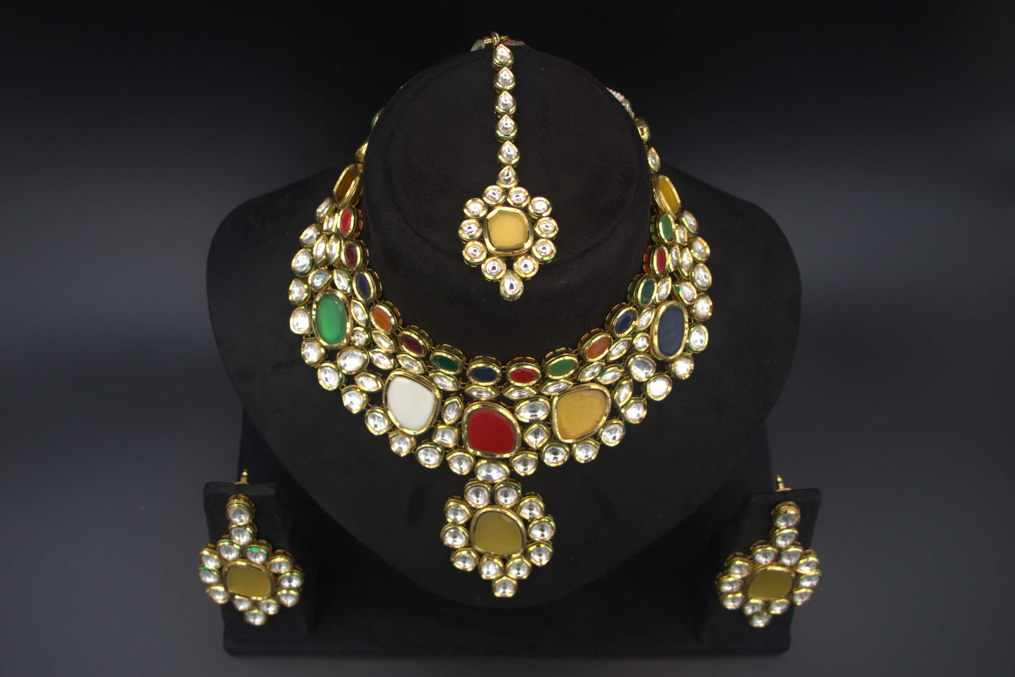 Multicolour Navratan Bridal Polki Necklace Set