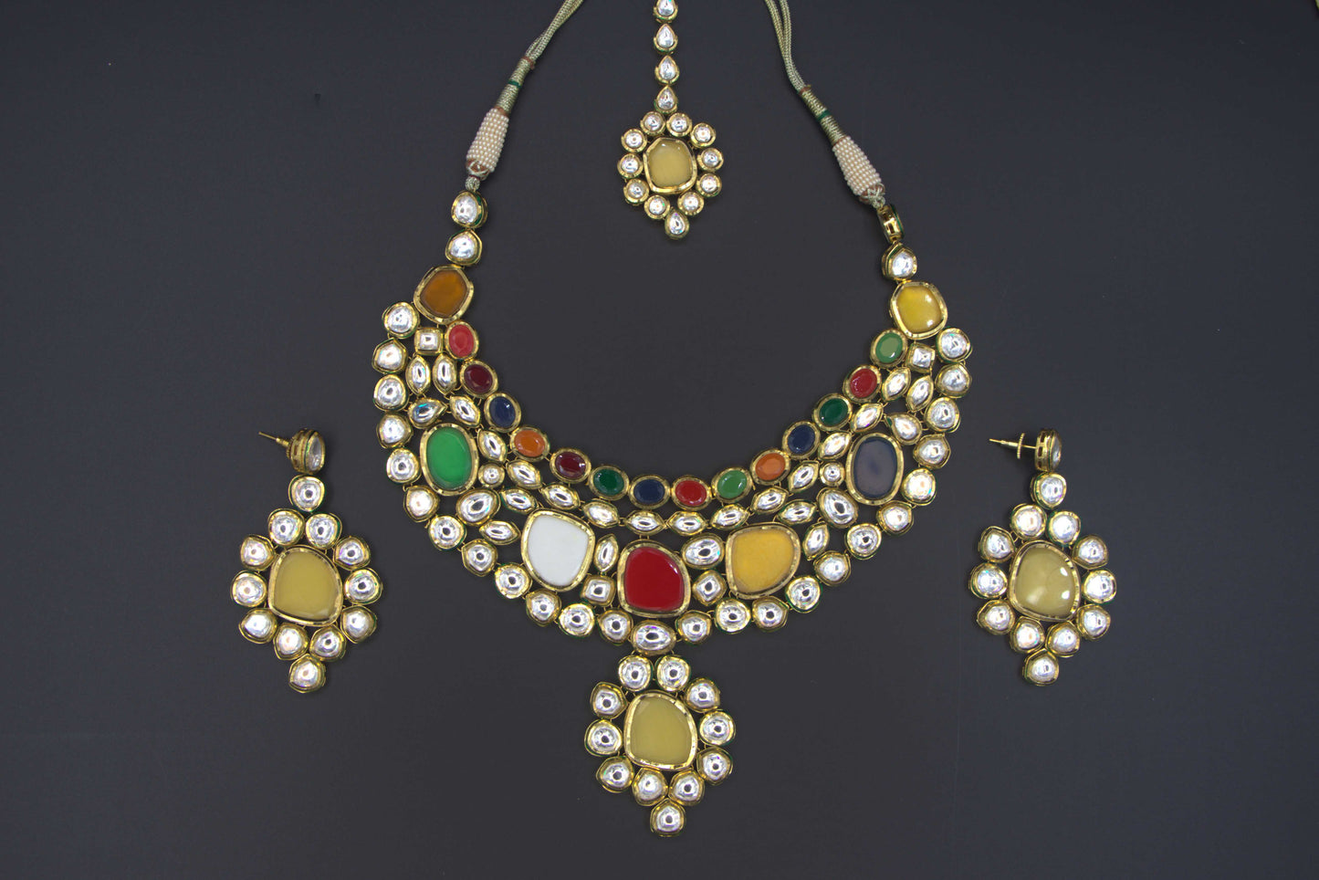 Multicolour Navratan Bridal Polki Necklace Set