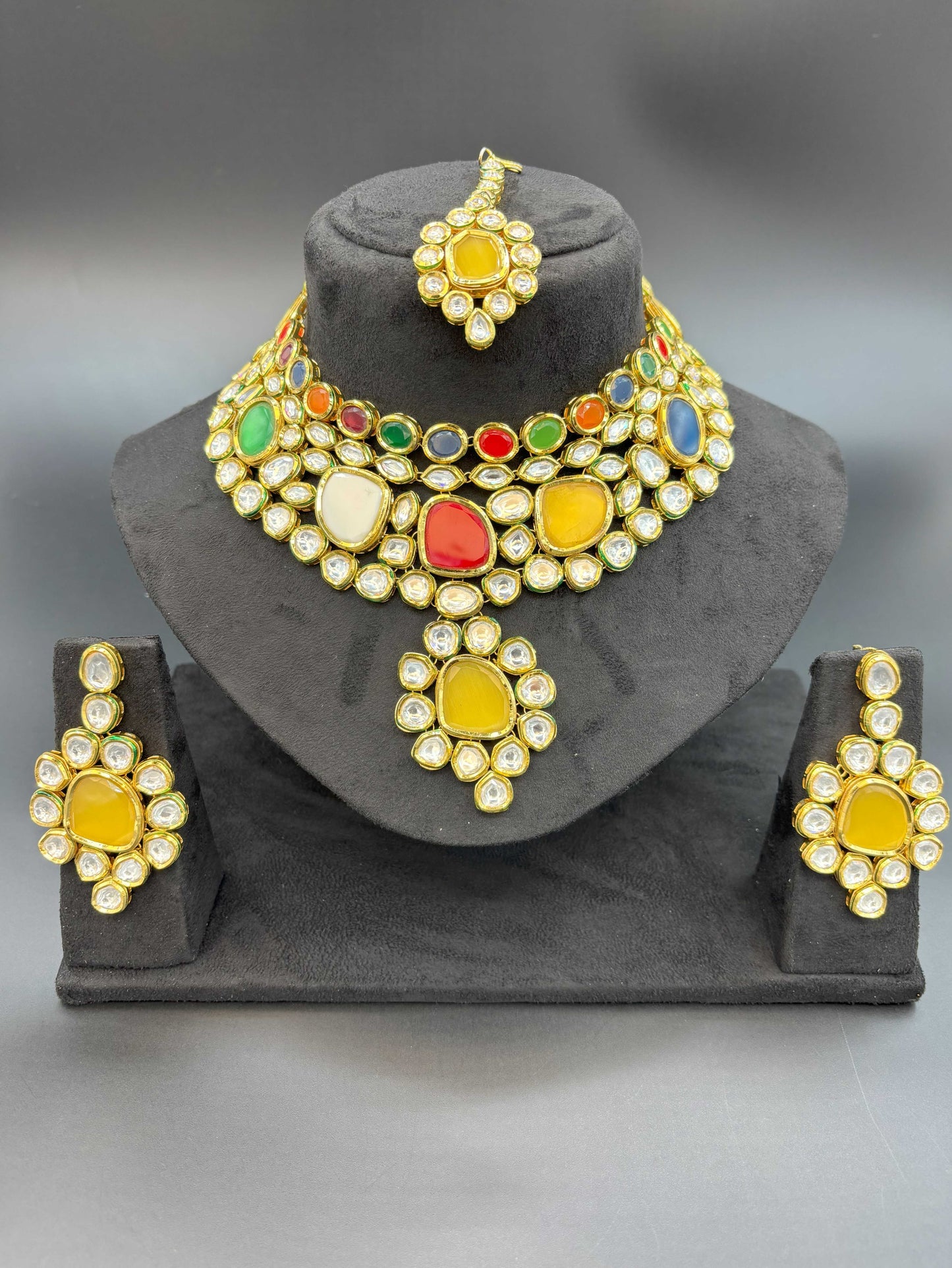 Multicolour Navratan Bridal Polki Necklace Set