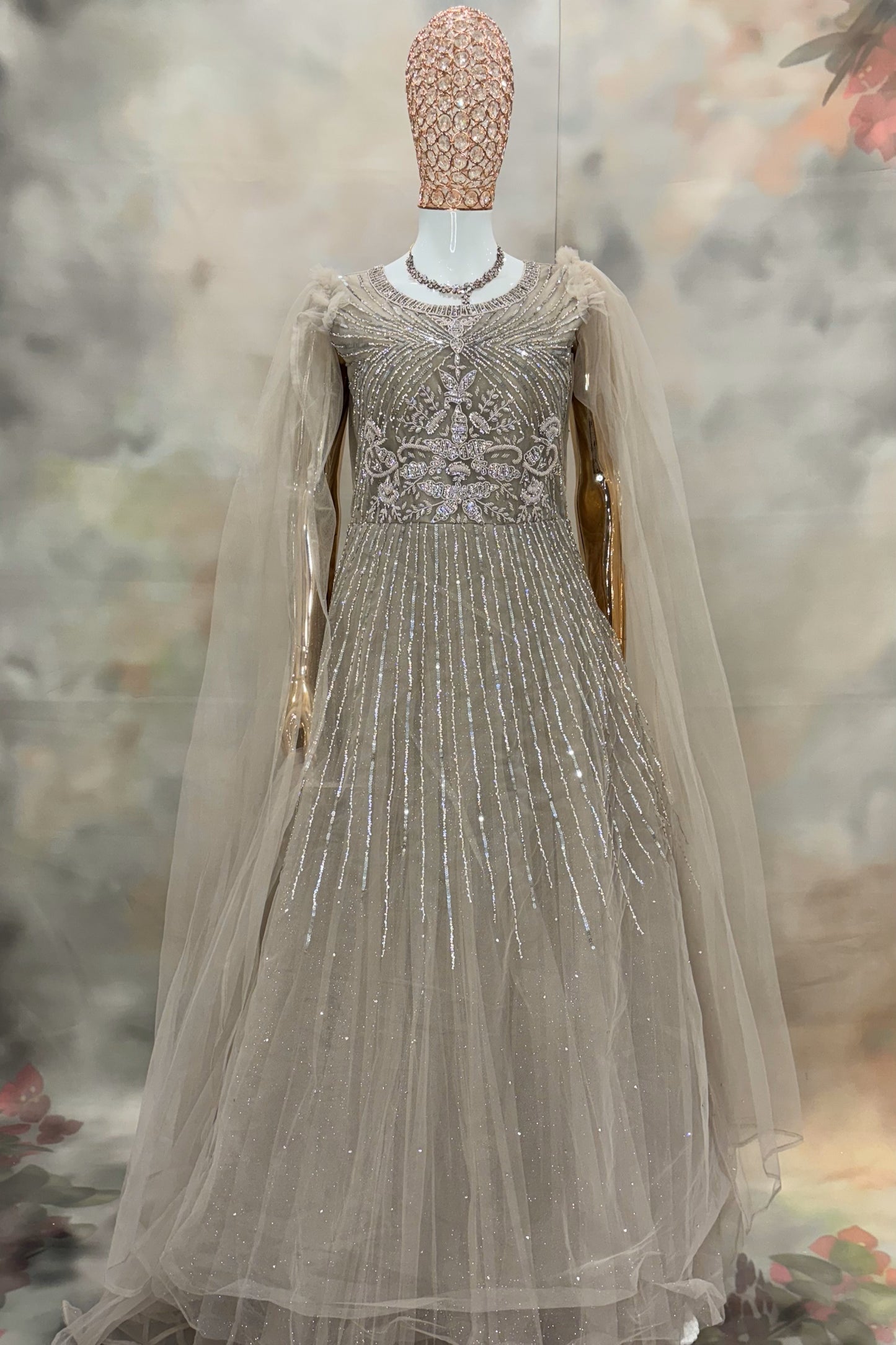 Beige Embellished Gown with Sheer Cape Sleeves