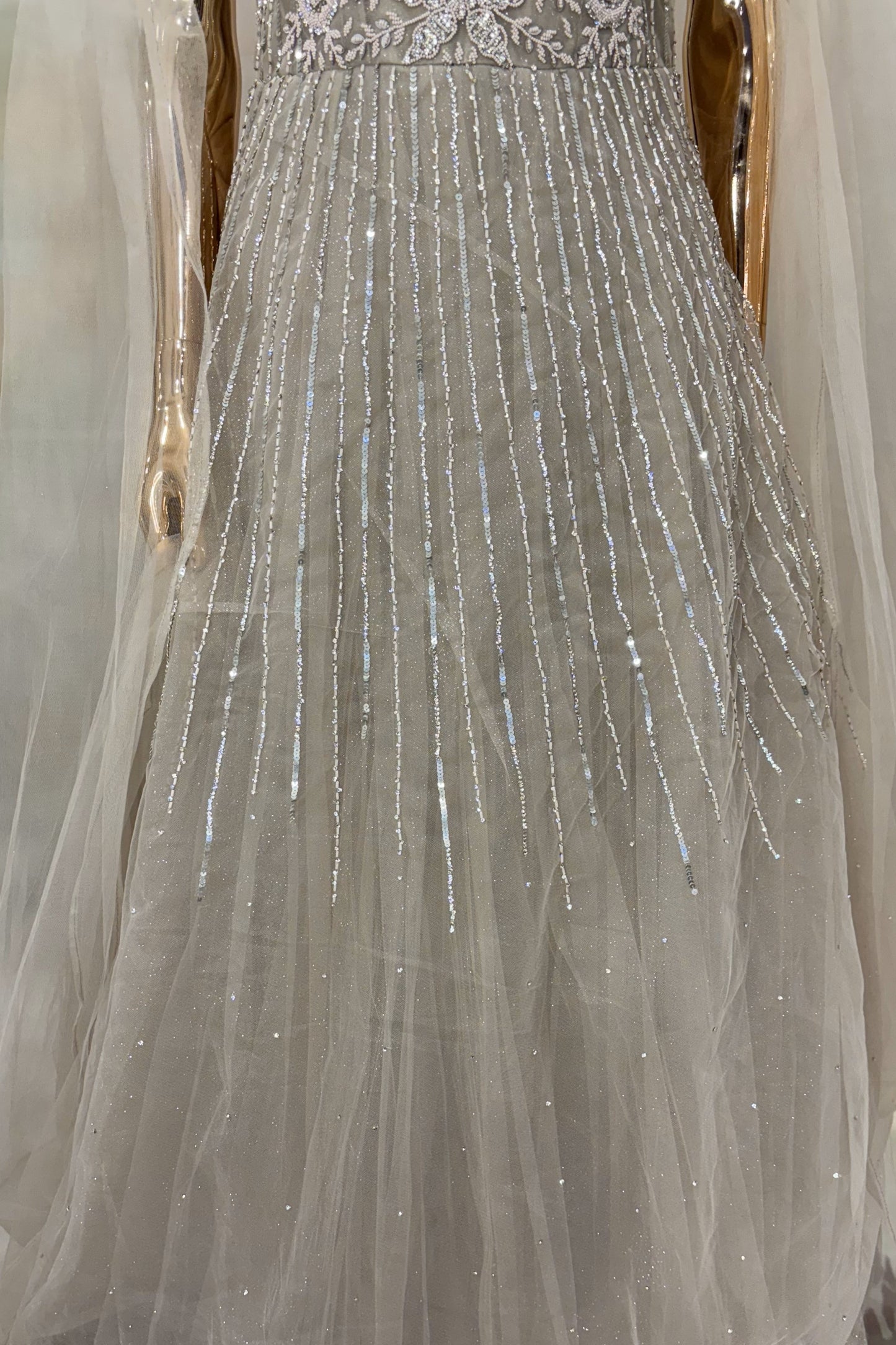 Beige Embellished Gown with Sheer Cape Sleeves