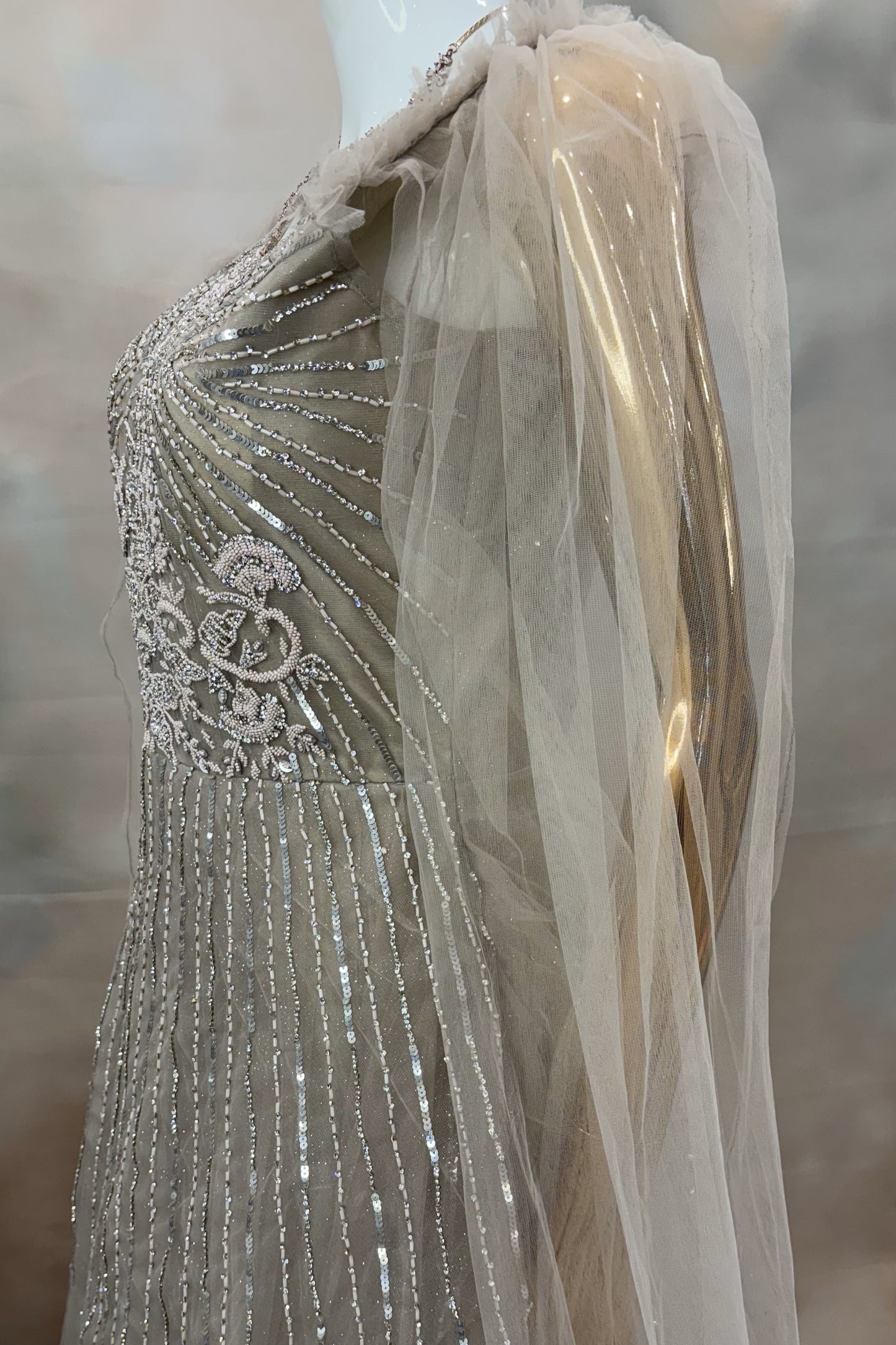 Beige Embellished Gown with Sheer Cape Sleeves