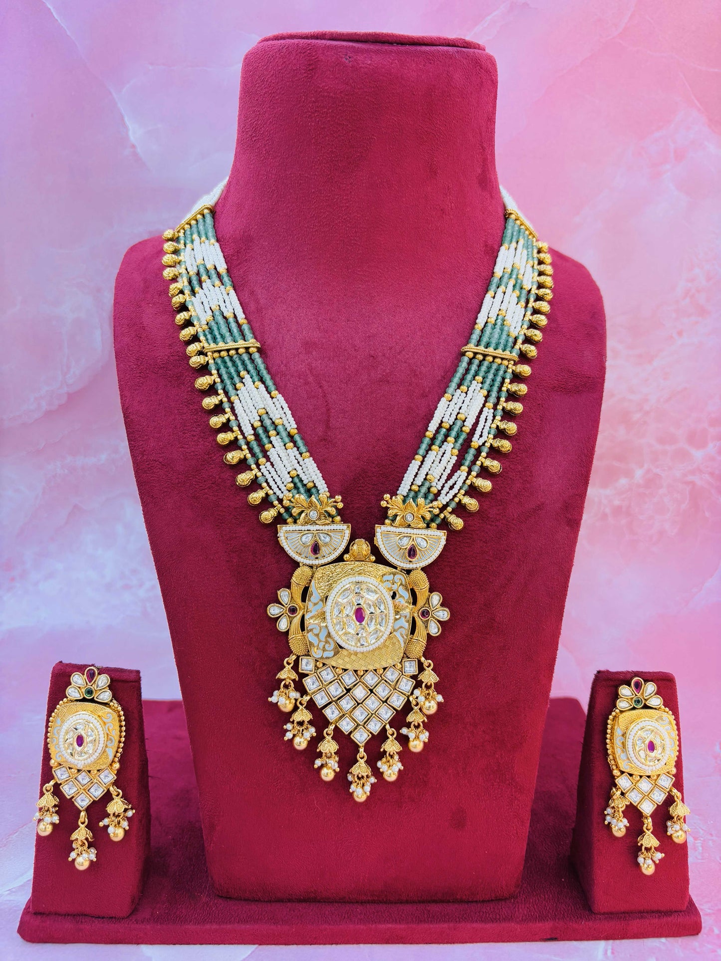 Pearl & Emerald Beaded Kundan Necklace with Chandbali Pendant