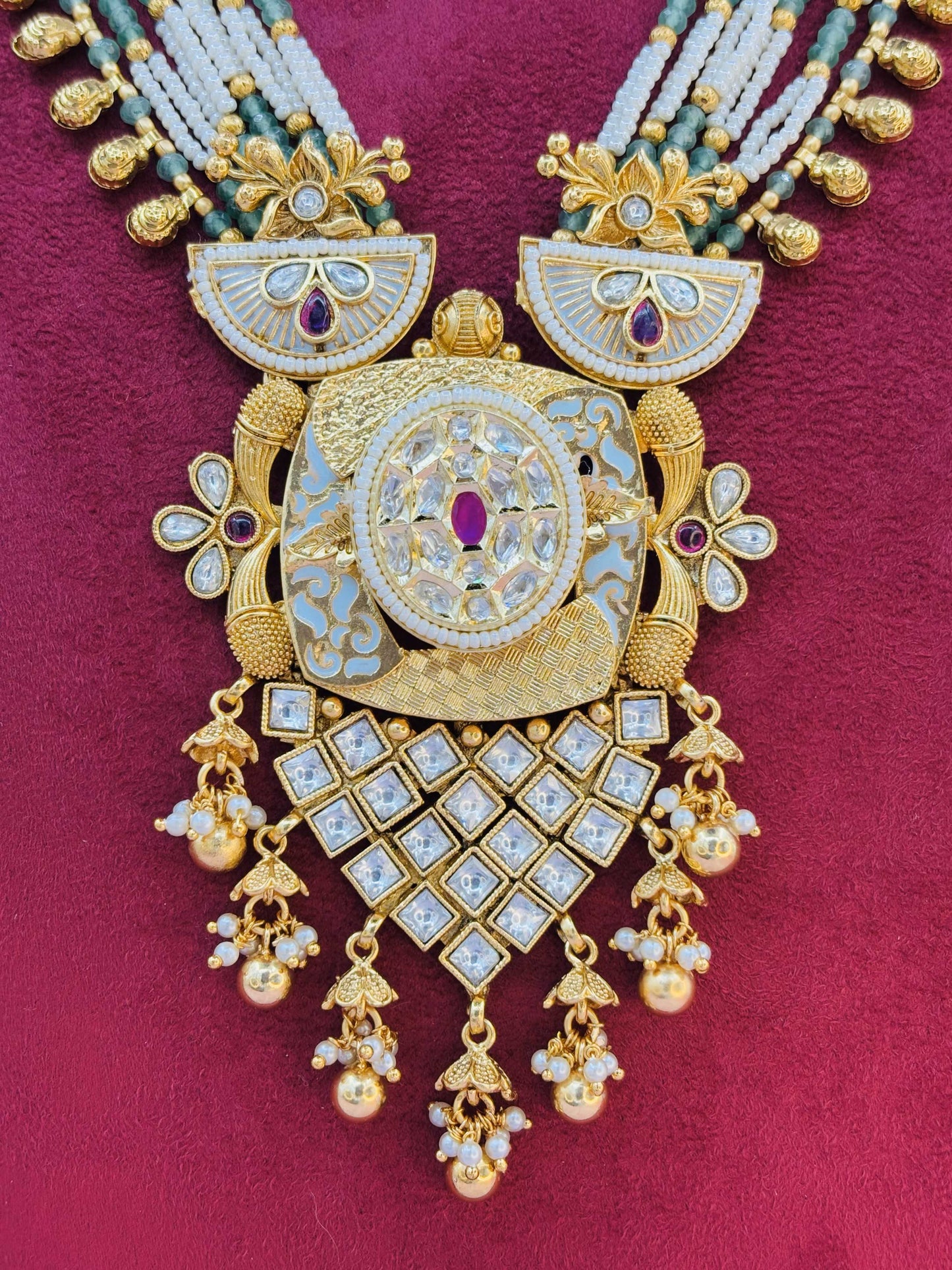 Pearl & Emerald Beaded Kundan Necklace with Chandbali Pendant