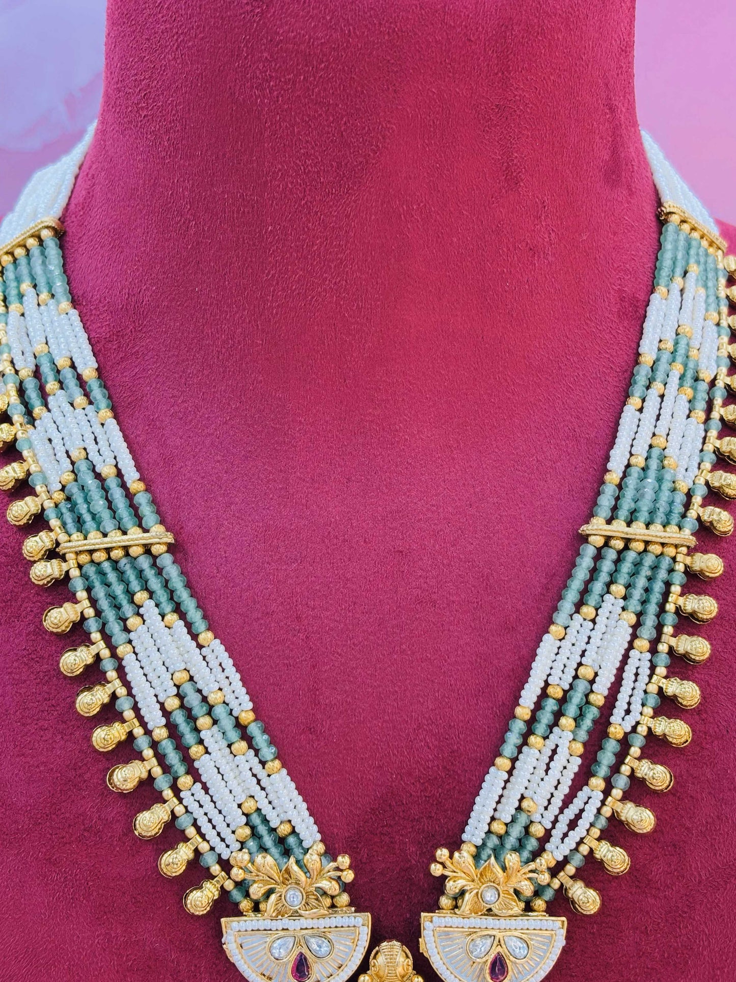 Pearl & Emerald Beaded Kundan Necklace with Chandbali Pendant