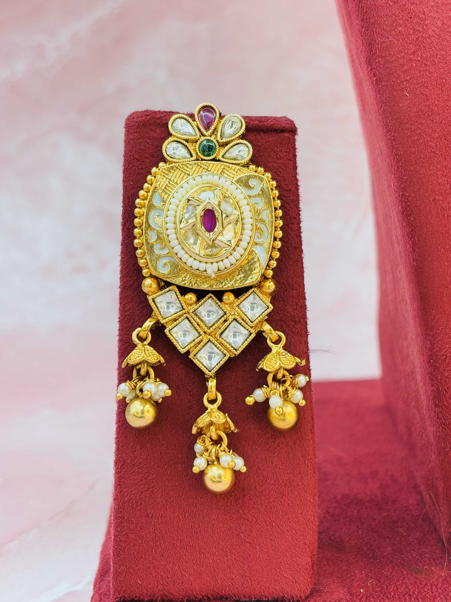 Pearl & Emerald Beaded Kundan Necklace with Chandbali Pendant