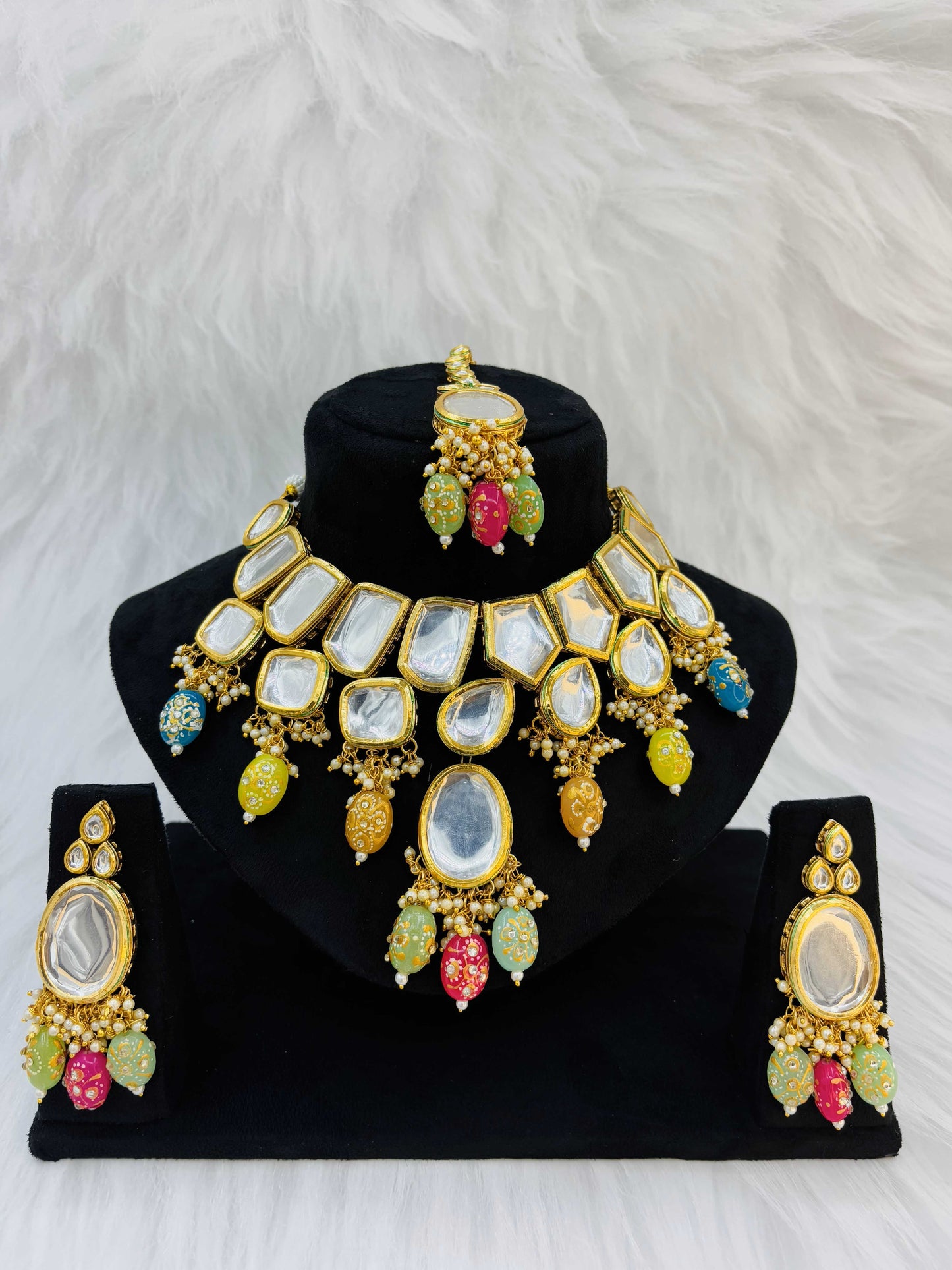 Polki Kundan Necklace Set with Multicolor Meenakari Beads