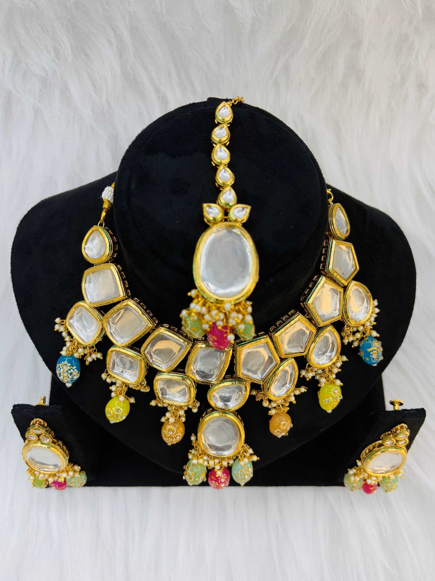 Polki Kundan Necklace Set with Multicolor Meenakari Beads