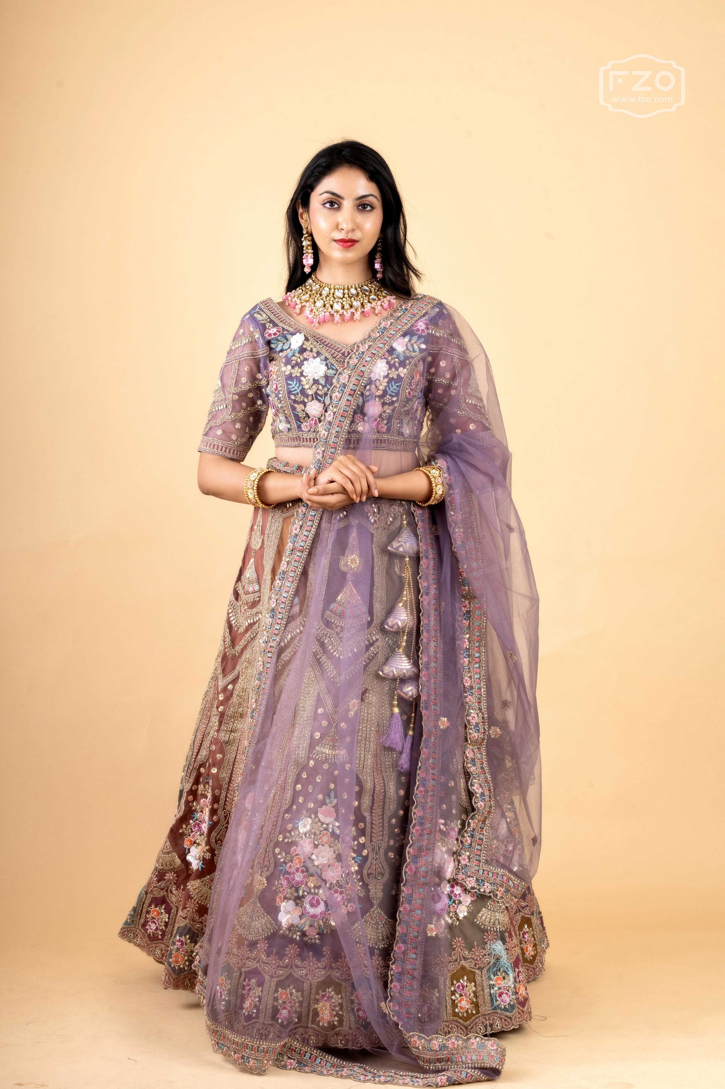 Blooming Radiance – Lavender Thread work Lehenga with Net Dupatta