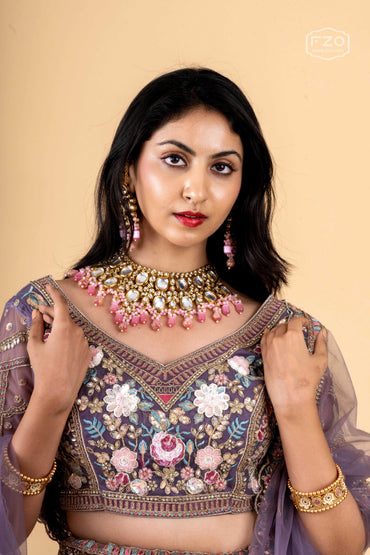 Blooming Radiance – Lavender Thread work Lehenga with Net Dupatta