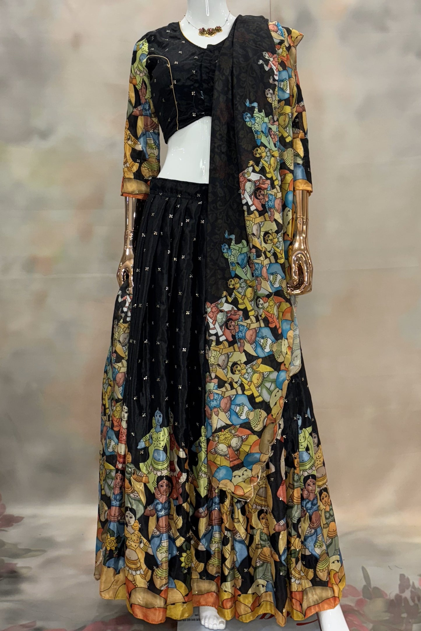 Mythic Muse – Black Saree with Hand-Painted Epic Motifs