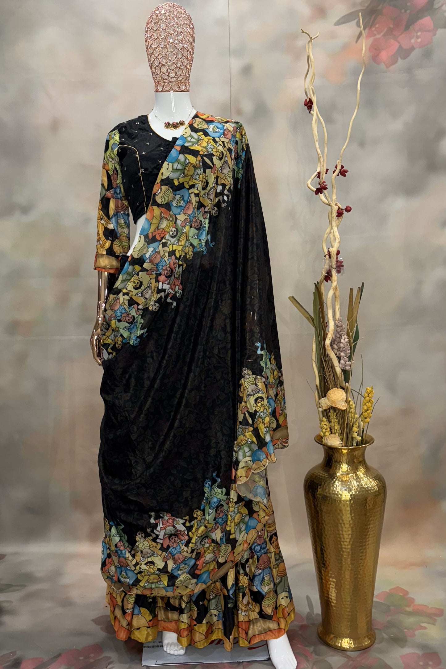 Mythic Muse – Black Saree with Hand-Painted Epic Motifs