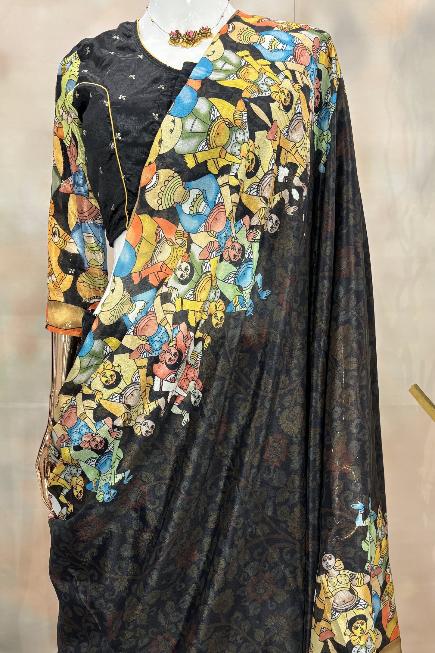 Mythic Muse – Black Saree with Hand-Painted Epic Motifs
