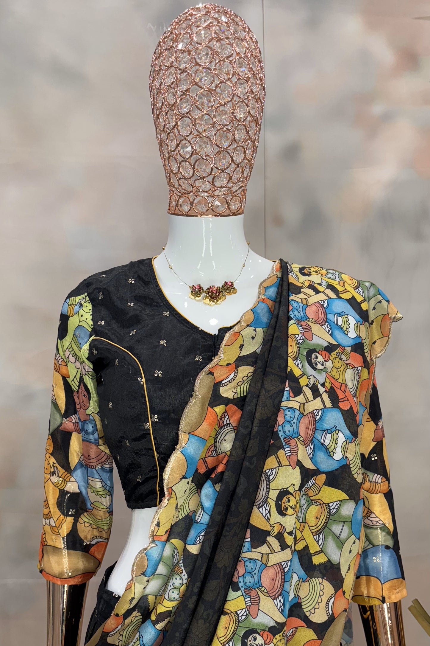 Mythic Muse – Black Saree with Hand-Painted Epic Motifs