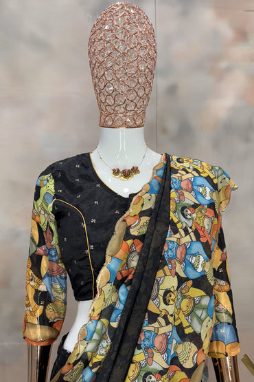 Mythic Muse – Black Saree with Hand-Painted Epic Motifs