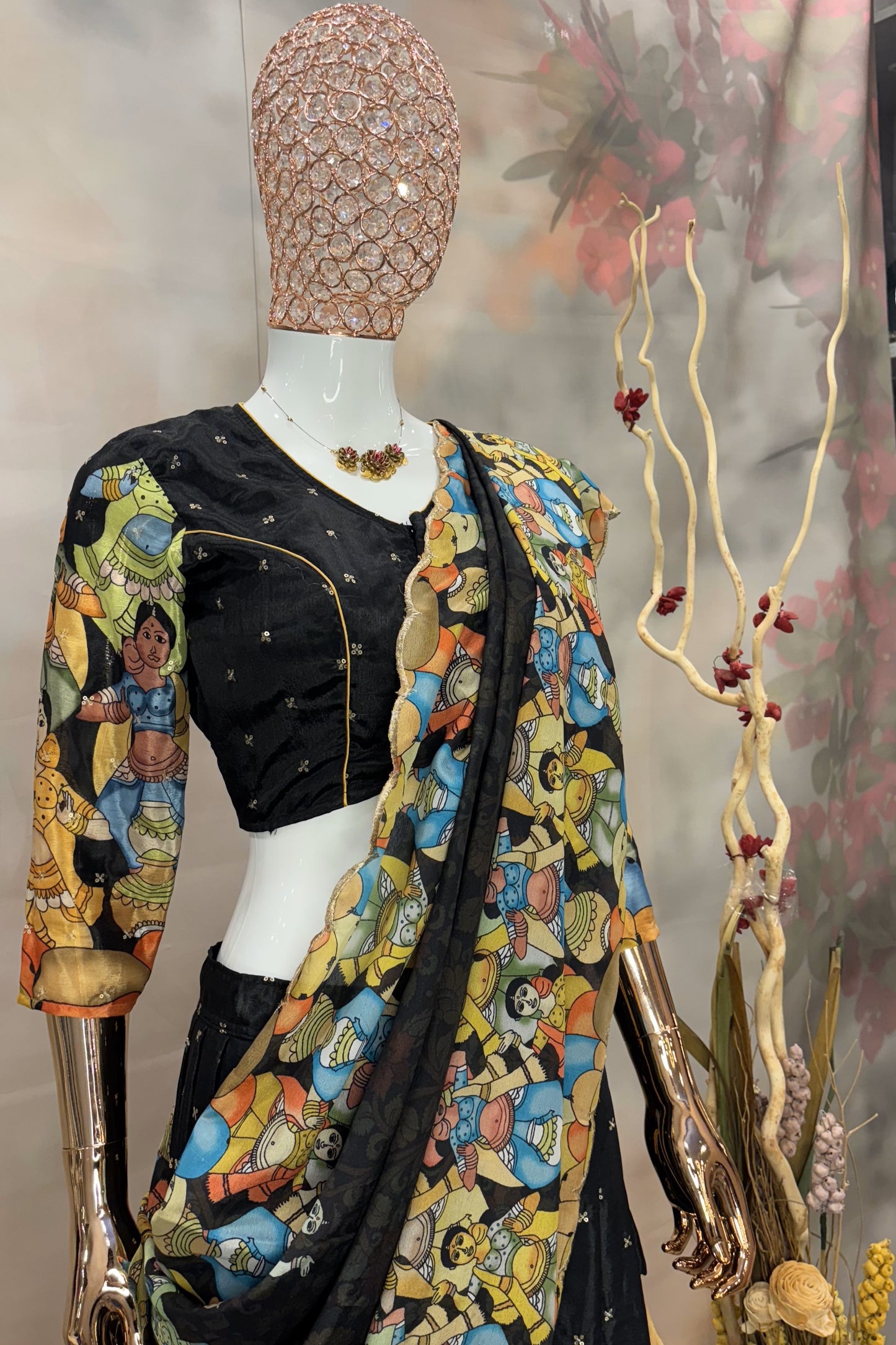 Mythic Muse – Black Saree with Hand-Painted Epic Motifs