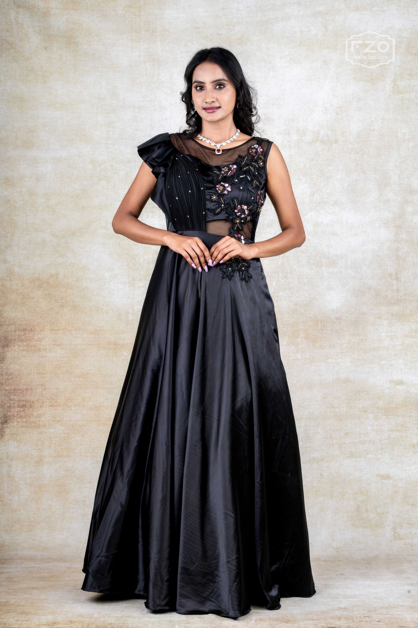 Black Satin Gown with Asymmetric Sheer Bodice & Floral Embroidery