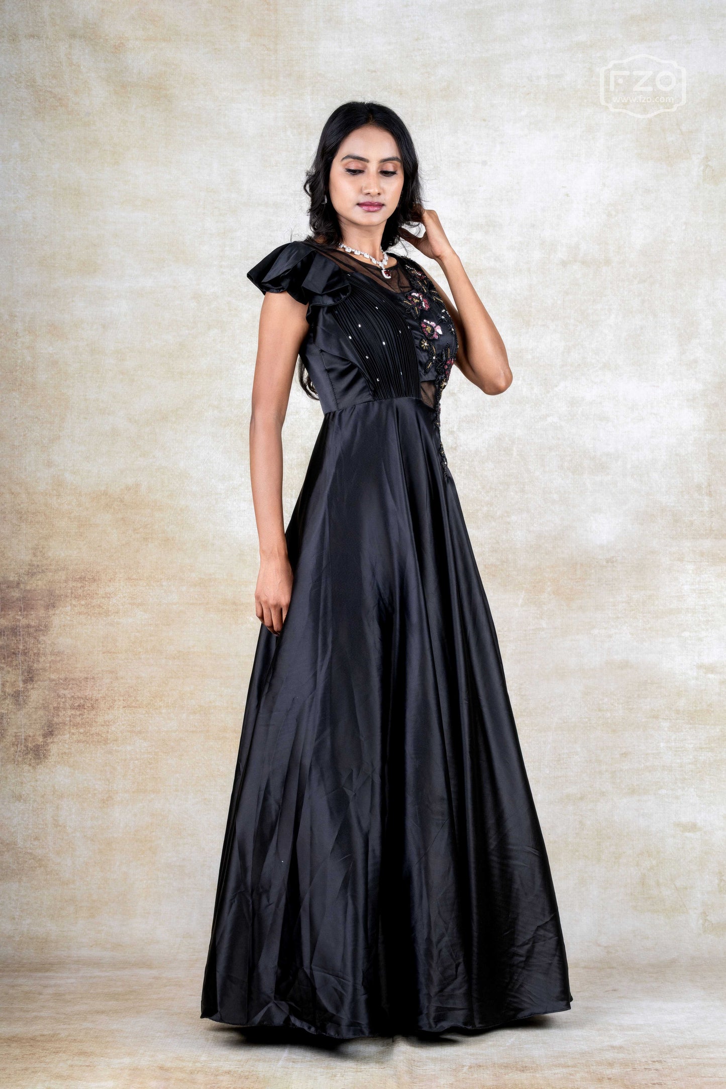 Black Satin Gown with Asymmetric Sheer Bodice & Floral Embroidery