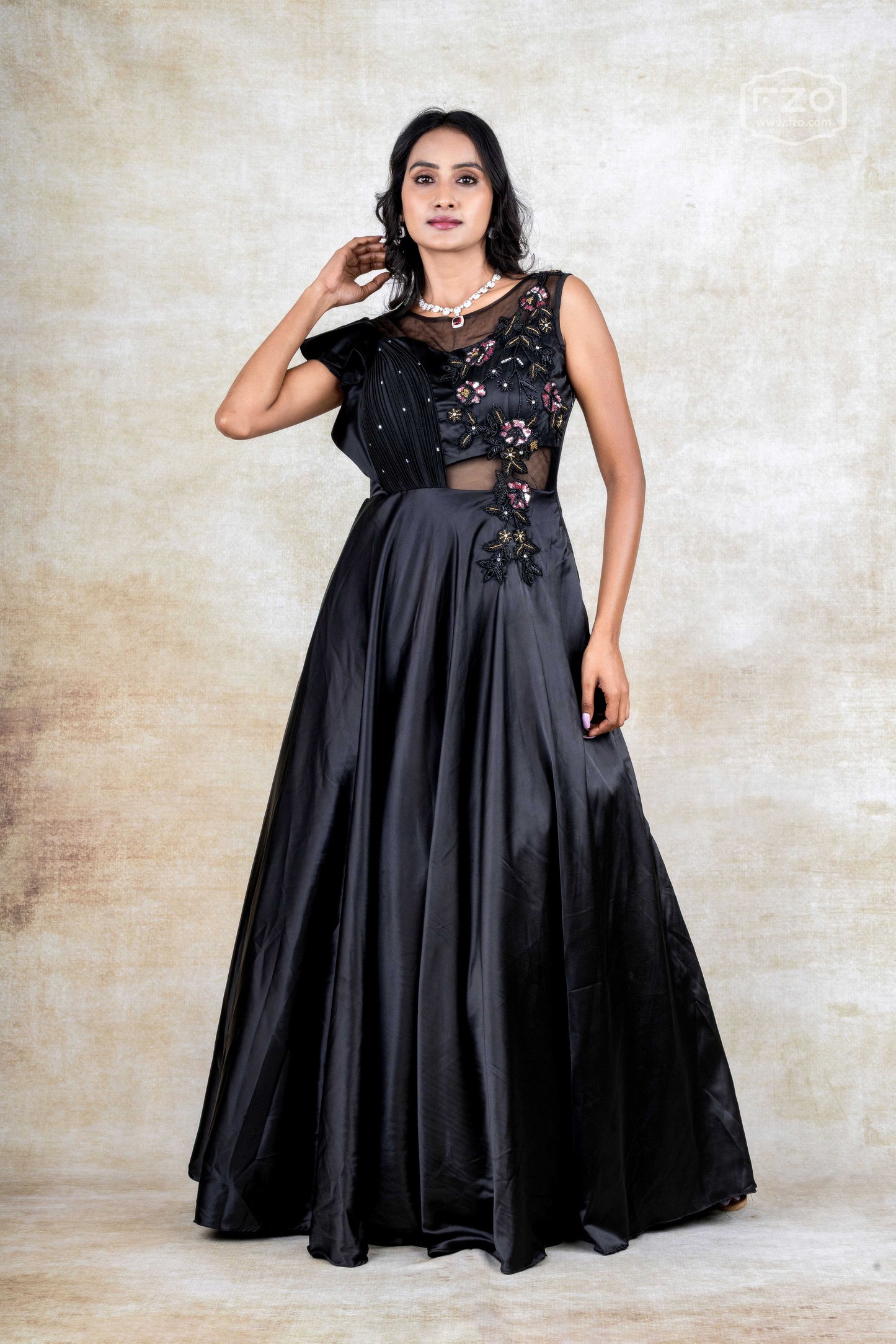 Black Satin Gown with Asymmetric Sheer Bodice & Floral Embroidery