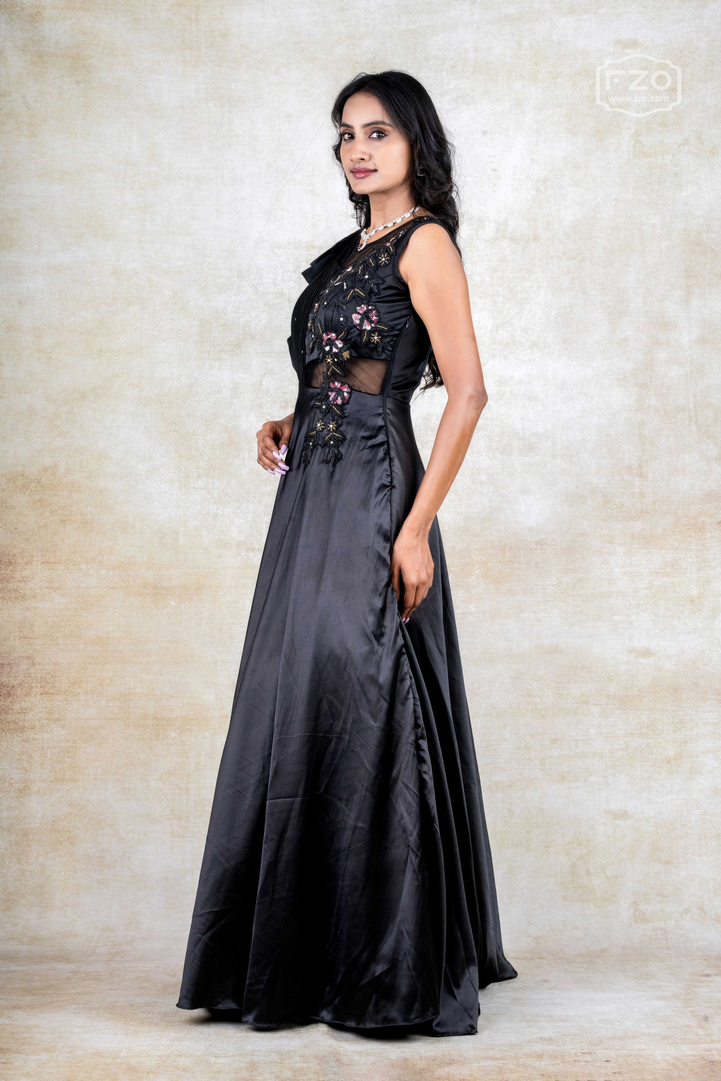 Black Satin Gown with Asymmetric Sheer Bodice & Floral Embroidery