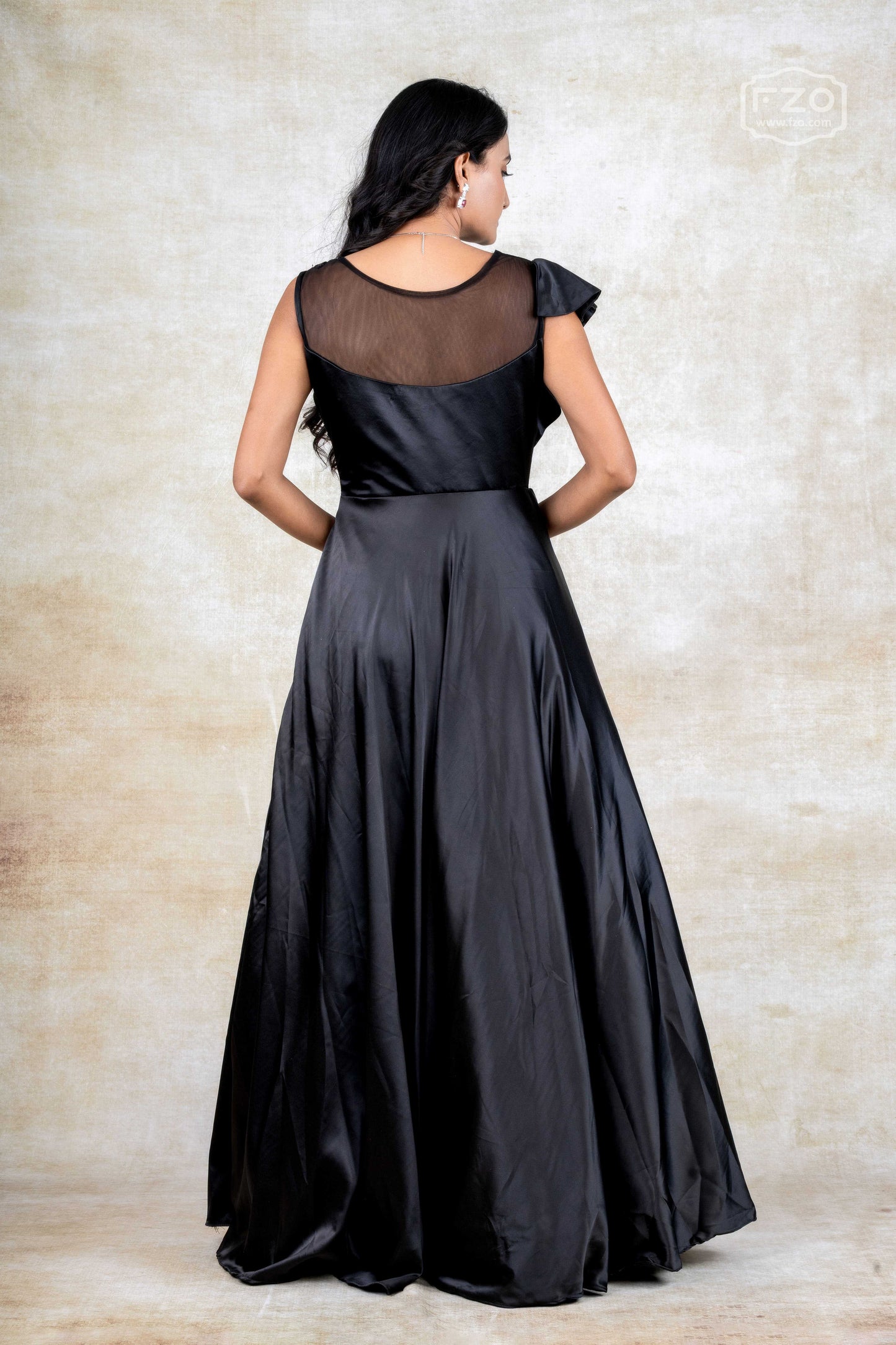 Black Satin Gown with Asymmetric Sheer Bodice & Floral Embroidery