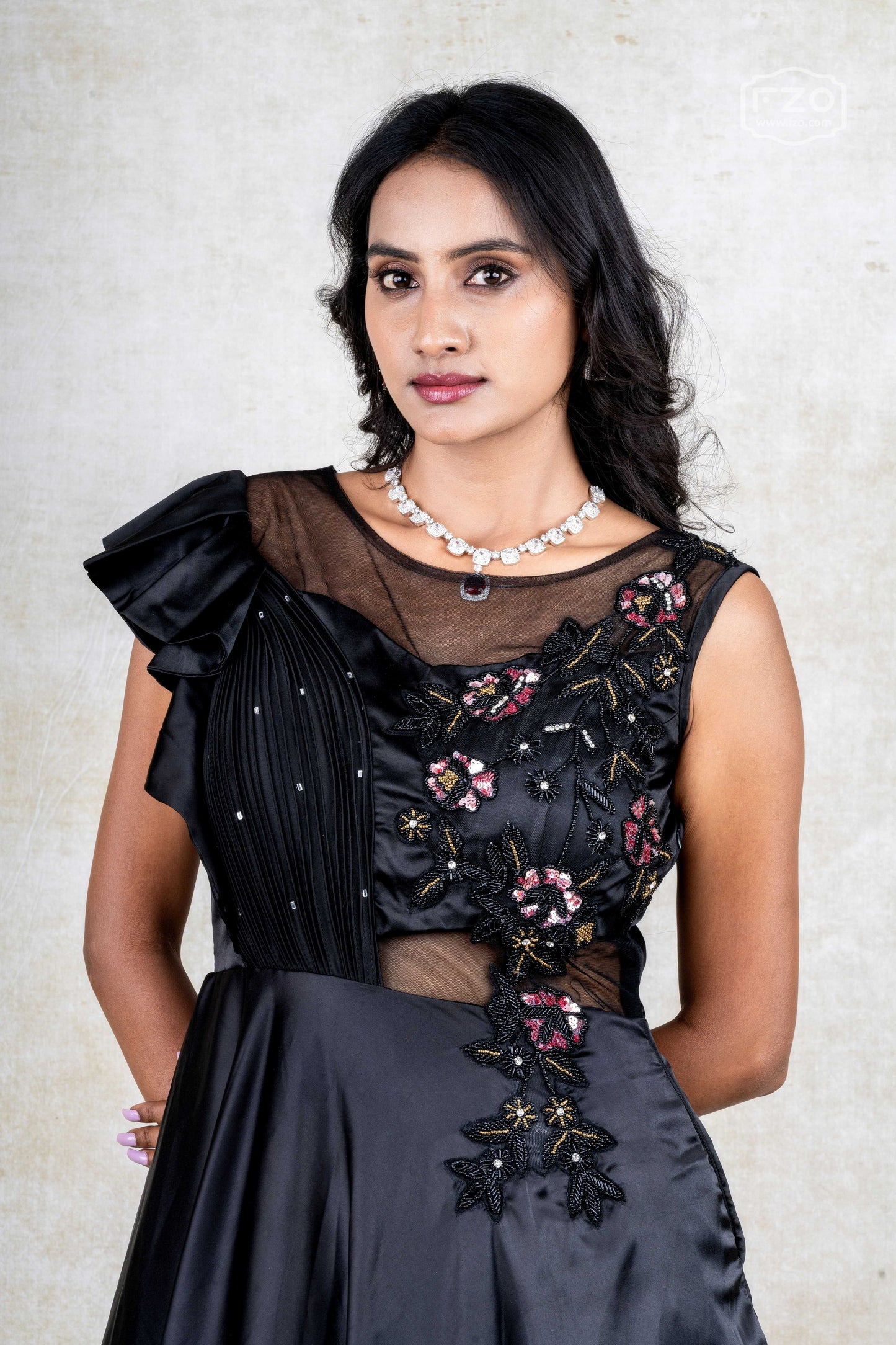 Black Satin Gown with Asymmetric Sheer Bodice & Floral Embroidery