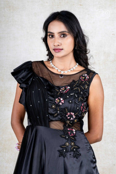 Black Satin Gown with Asymmetric Sheer Bodice & Floral Embroidery