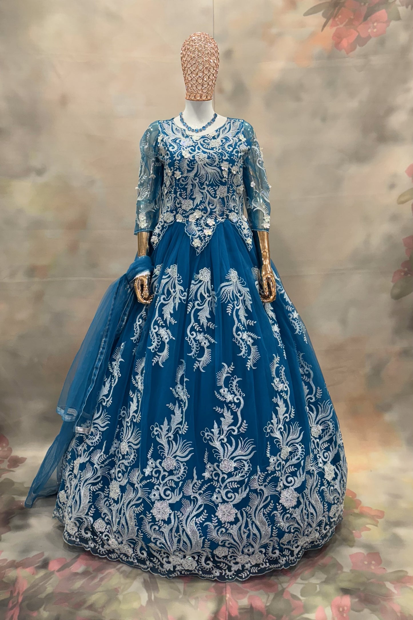 Ocean Bloom – Royal Blue Ball Gown with White Floral Embroidery