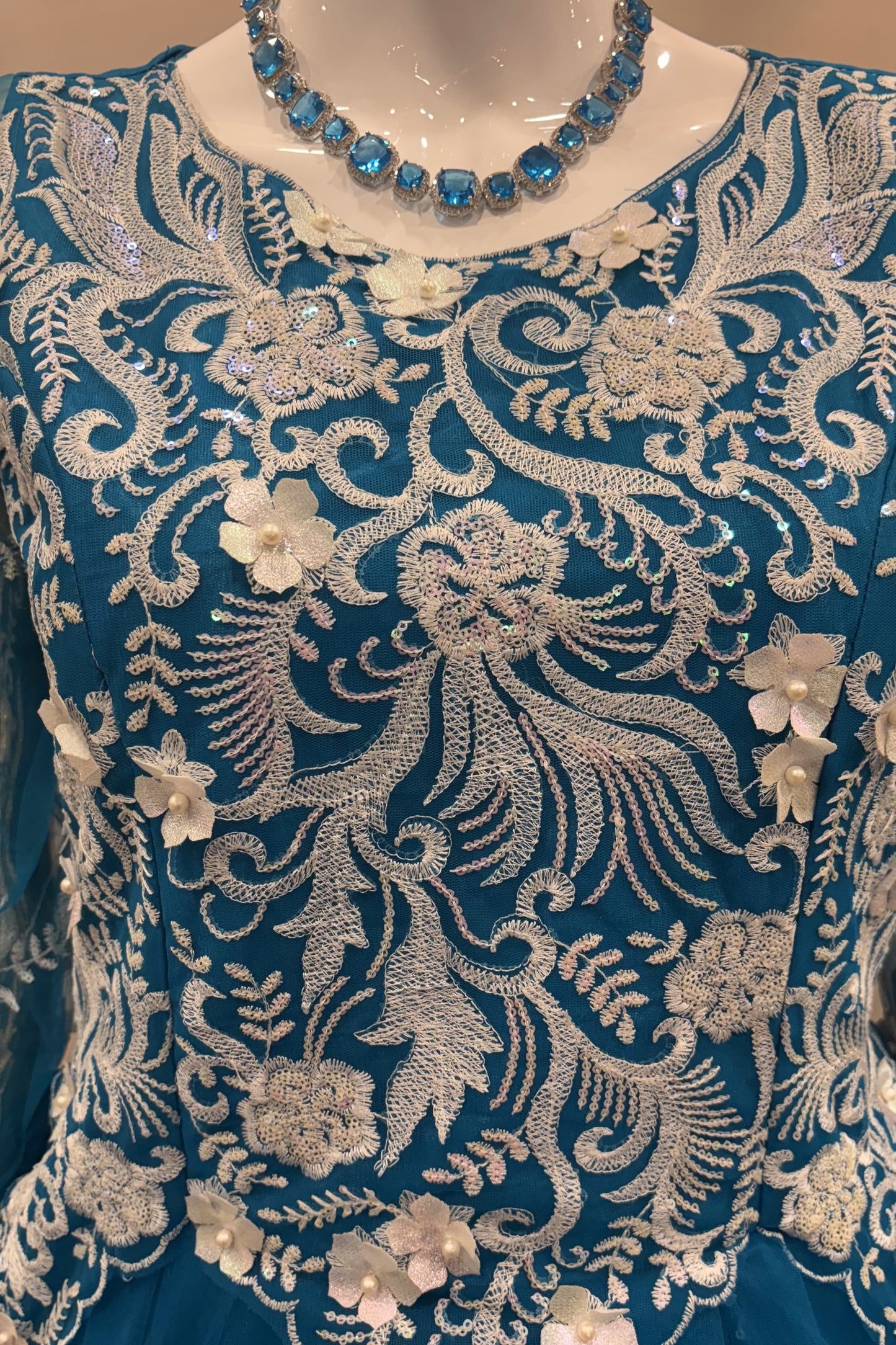 Ocean Bloom – Royal Blue Ball Gown with White Floral Embroidery