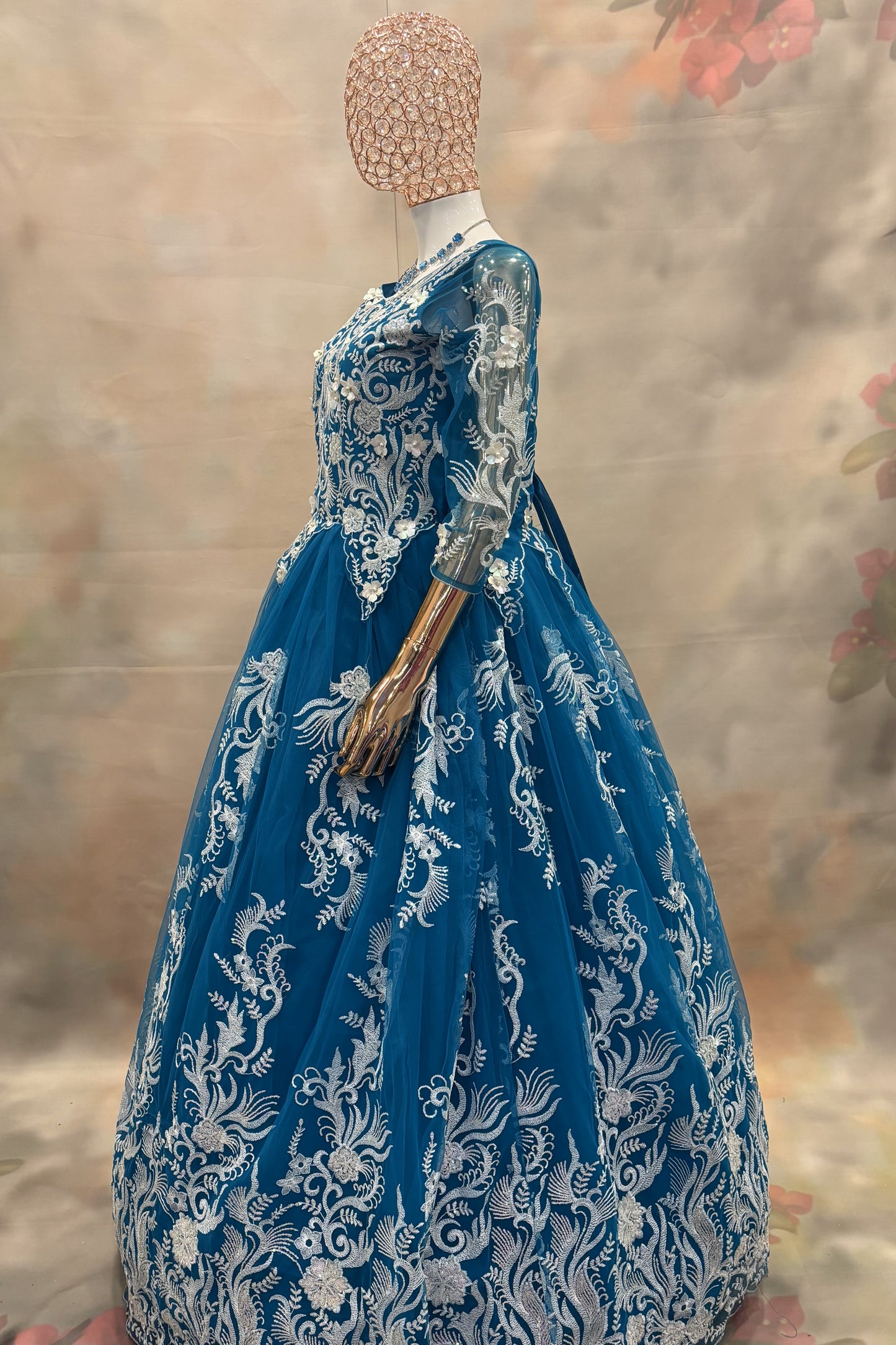 Ocean Bloom – Royal Blue Ball Gown with White Floral Embroidery