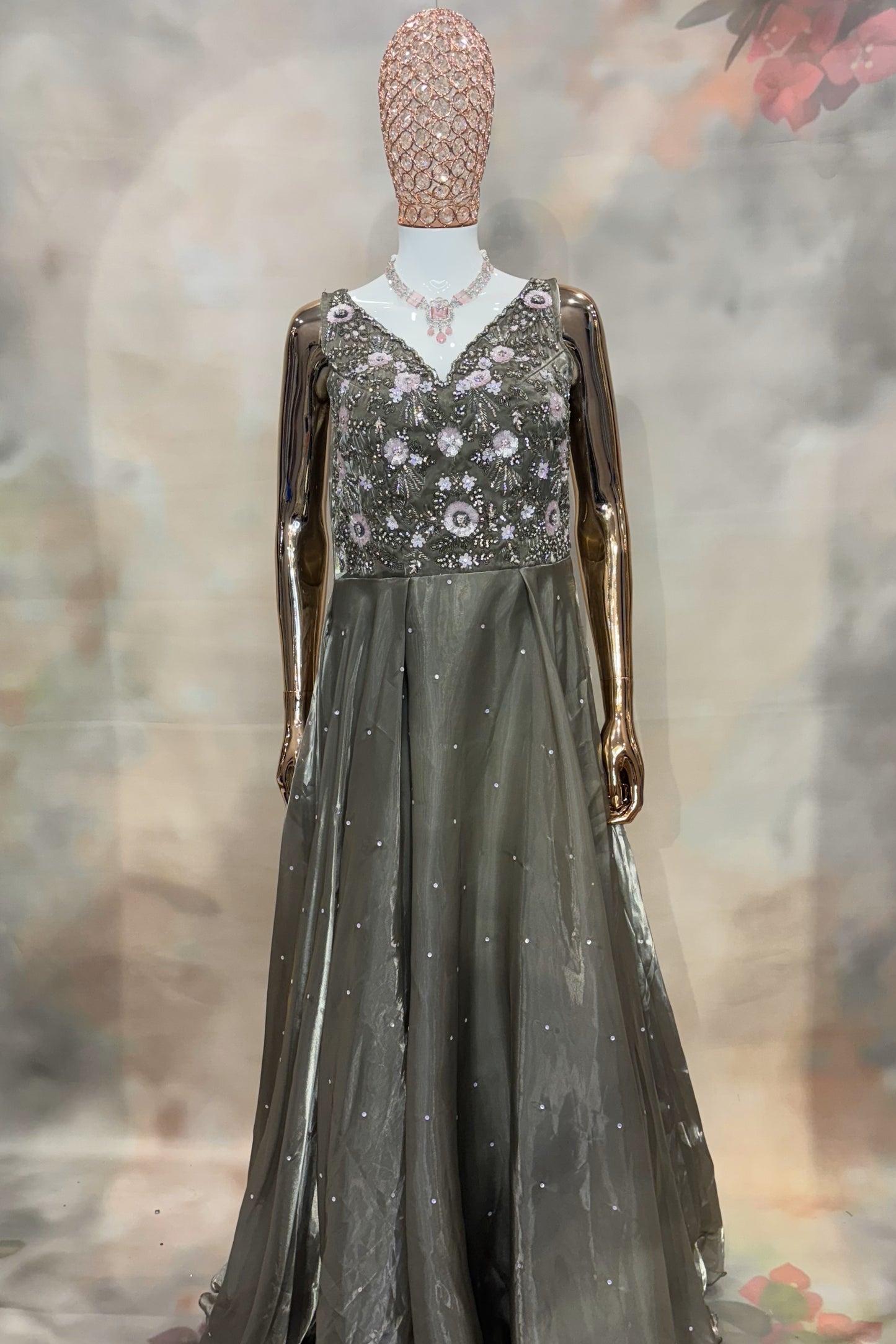 Olive Green Sleeveless Gown with Floral Embellished Bodice